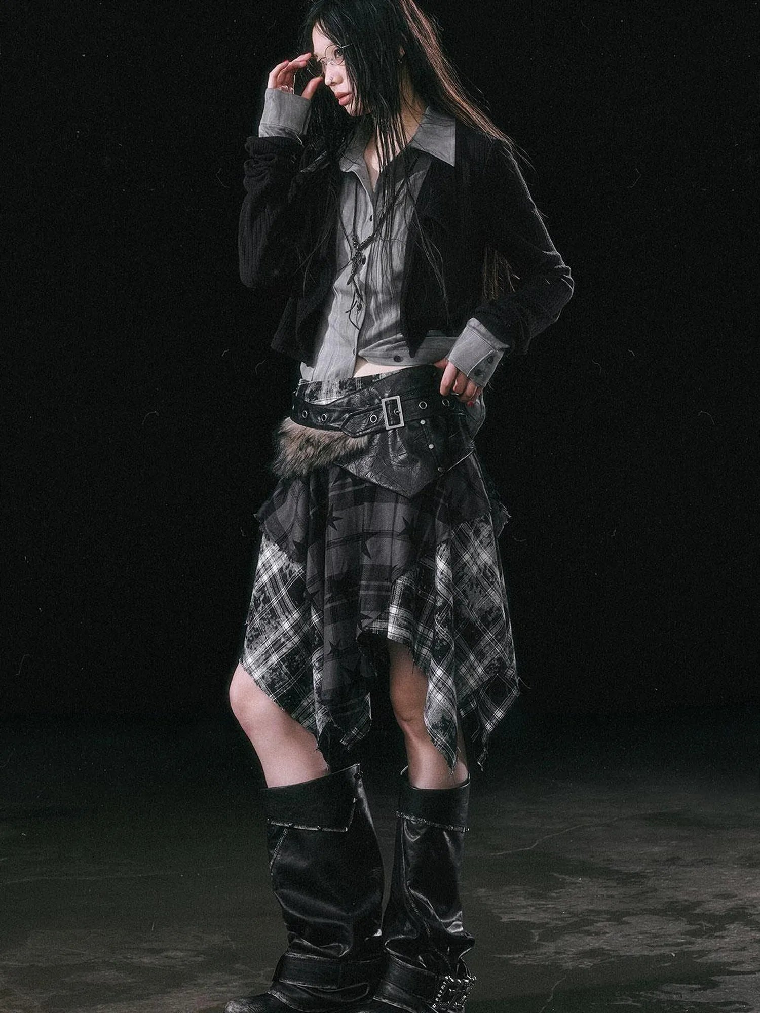 Yanyu Escape Star Frayed Grid Asymmetrical Skirt