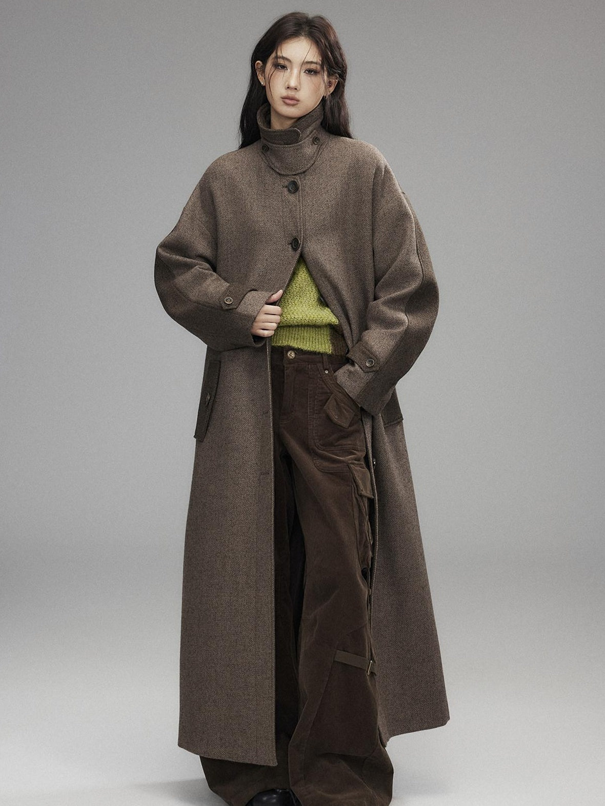 Low pixel Wool Blend Thick Colorblock Oversized Stand Collar Single Breasted Wool Coats