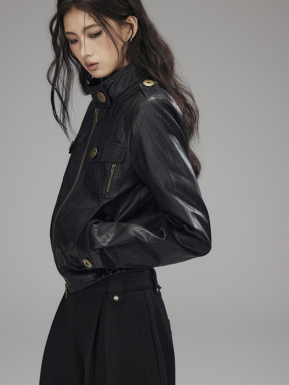 Low pixel Insulated Waist Cinch Workwear Multipocket Lapel Zip Black Women Leather Jackets