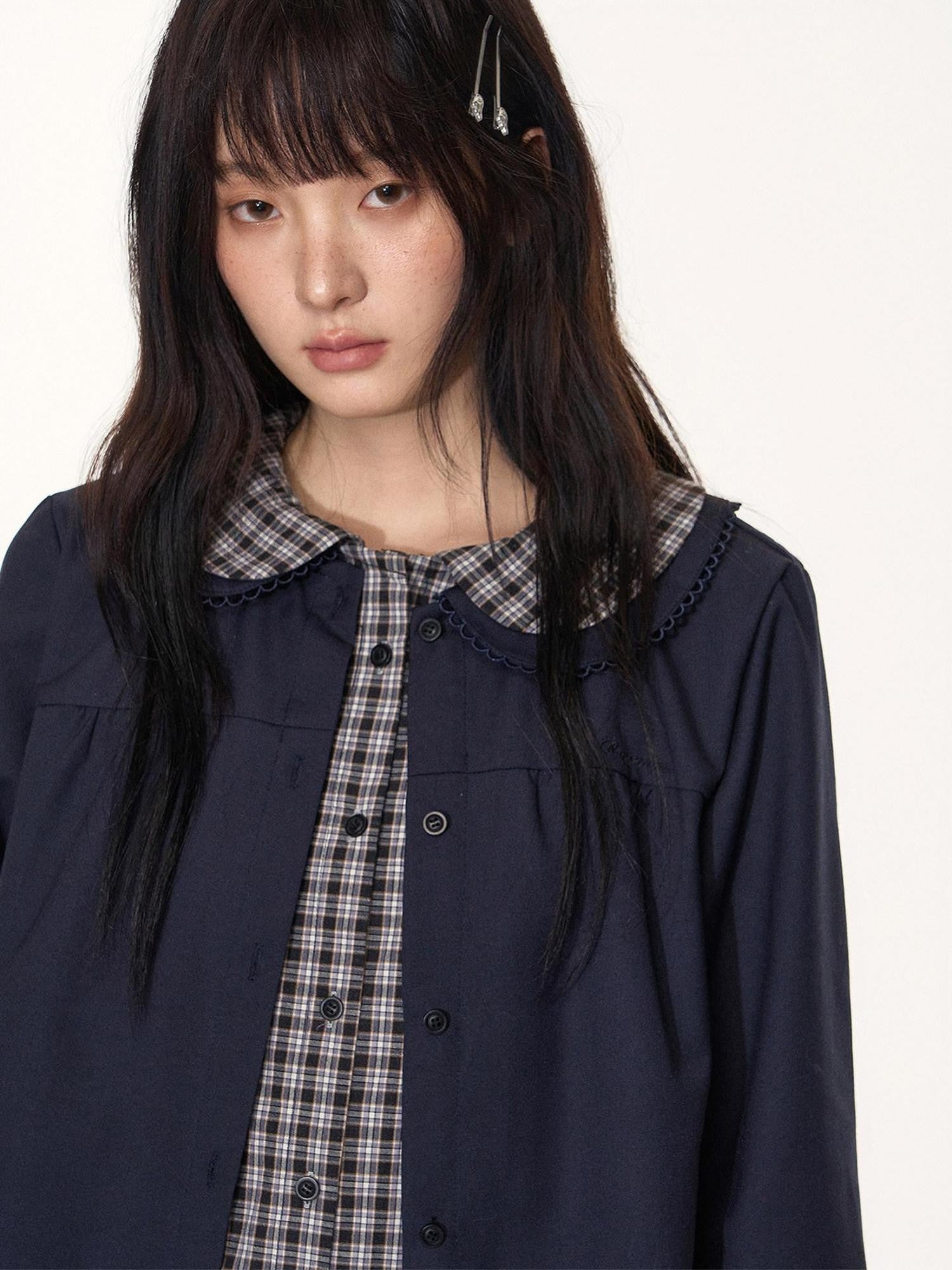 NAPSNAPS Navy Plaid Patchwork Doll Collar Faux Two Piece Women&