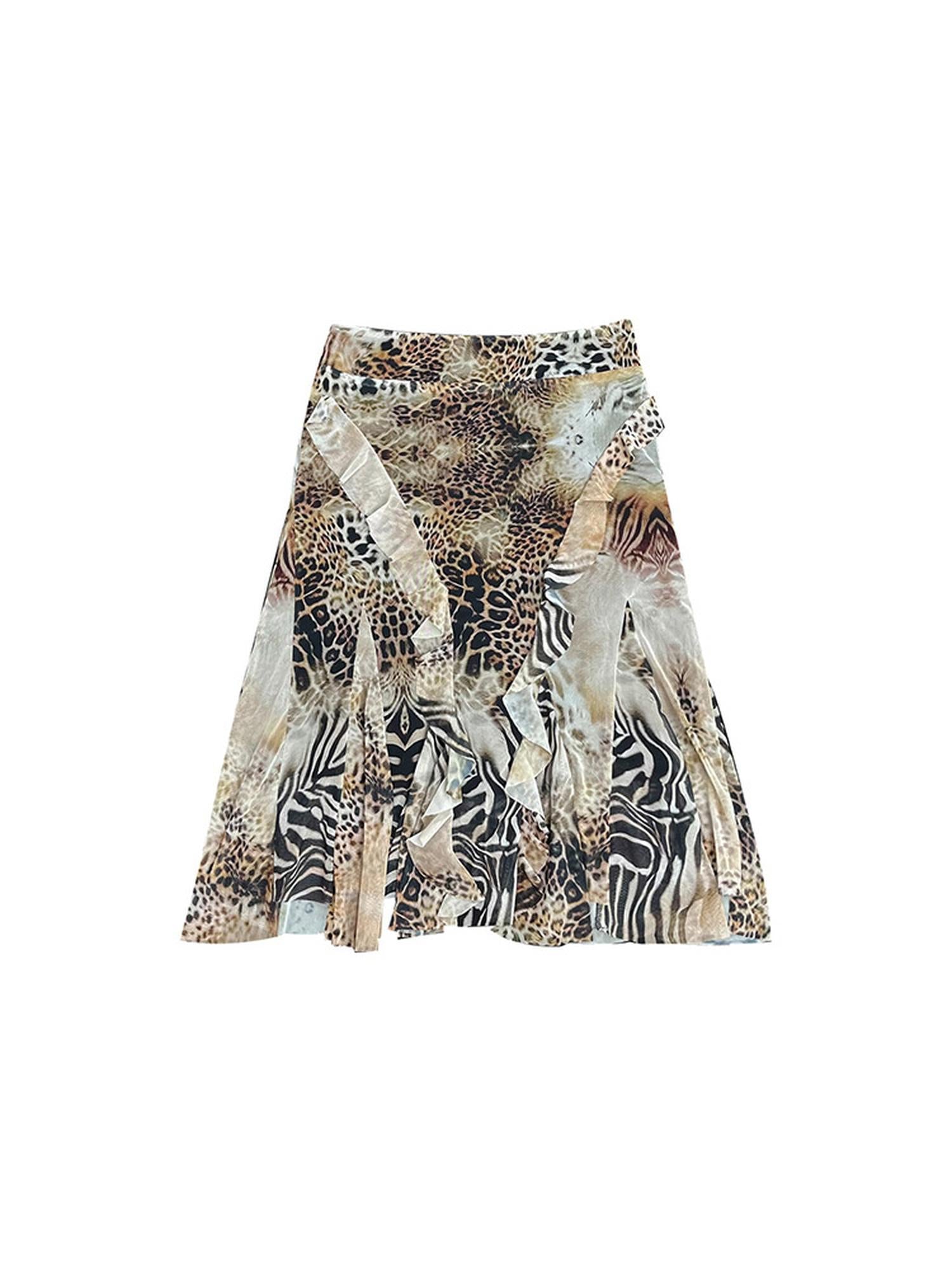 Ttsunami Leopard Print Mesh Skirt With Asymmetrical Hem Midi Skirt