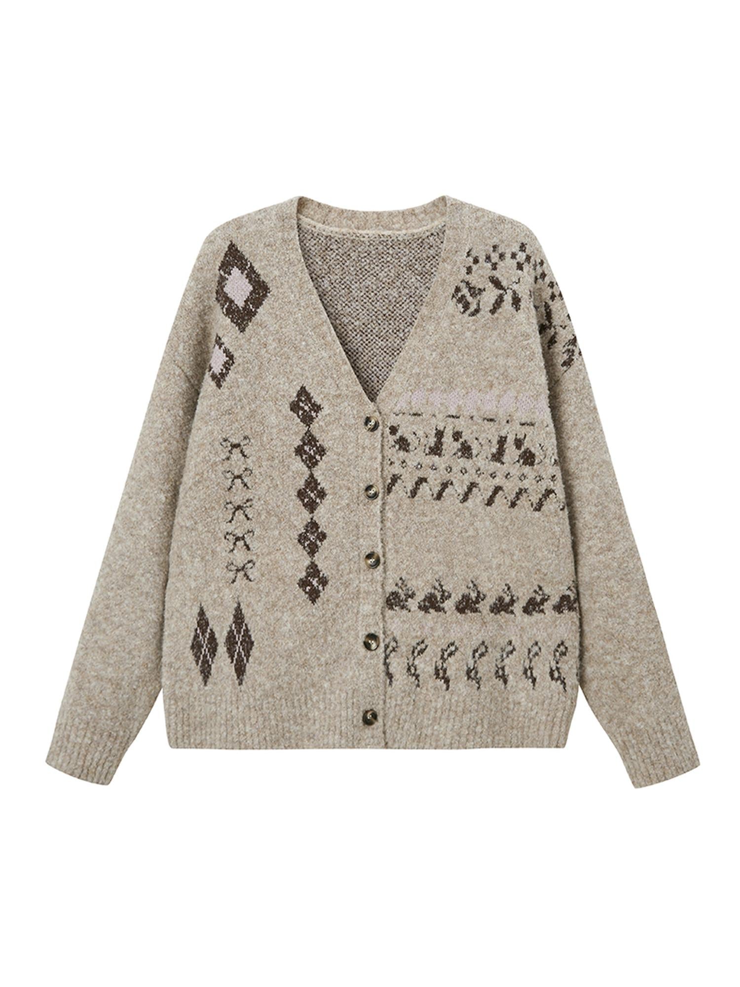 DIDDI MODA Fair Isle Knit Cardigan Retro Diamond Pattern Long Sleeve Coat