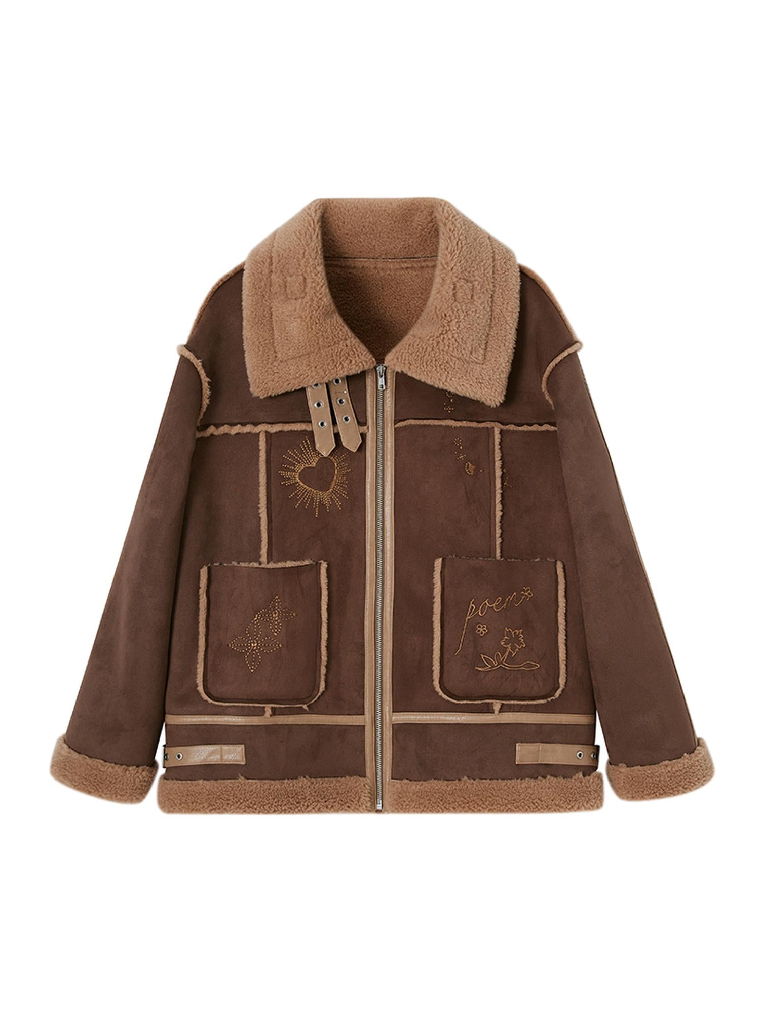 DIDDI MODA Heavyweight Embroidered Shearling Patchwork Jacket