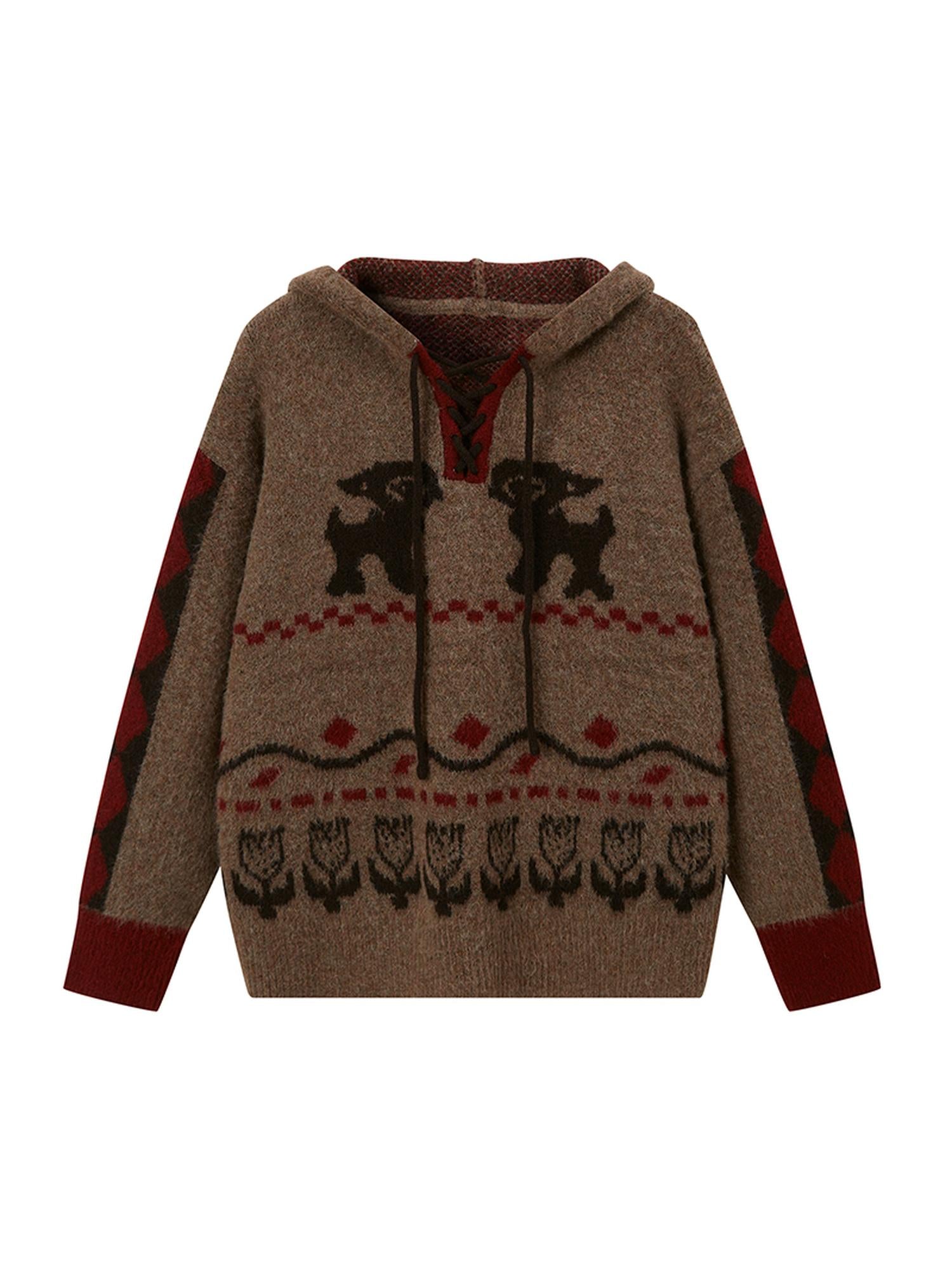DIDDI MODA Vintage Fair Isle Hooded Knit Sweater