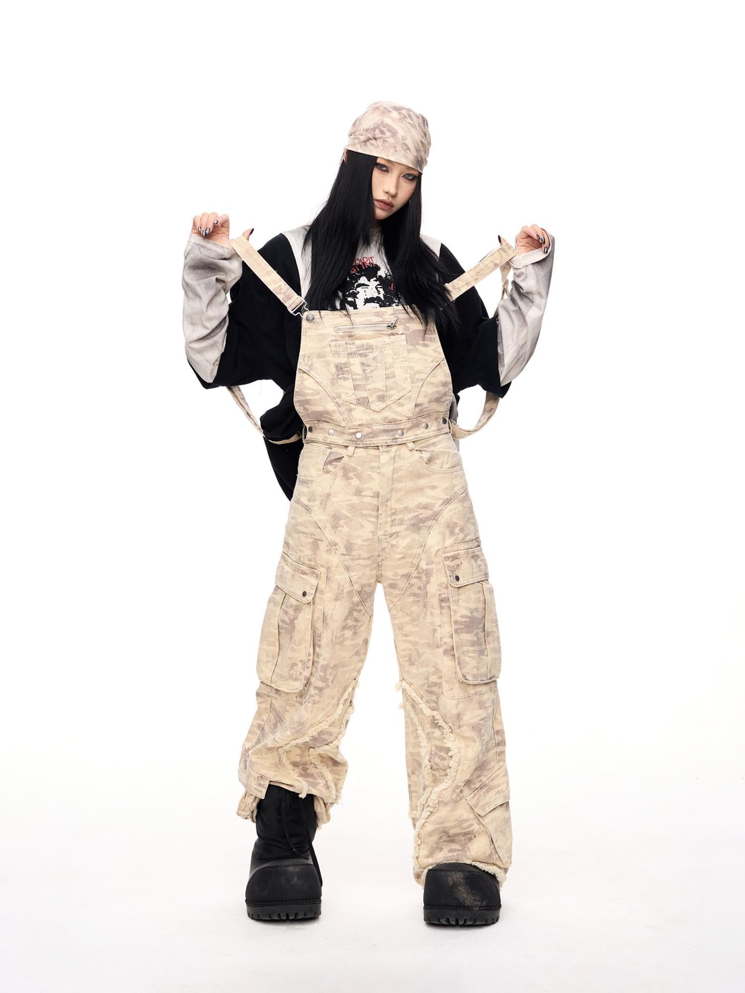 Peoplesense Vintage Camo Cargo Jumpsuit With Distressed Hem Multi Pockets