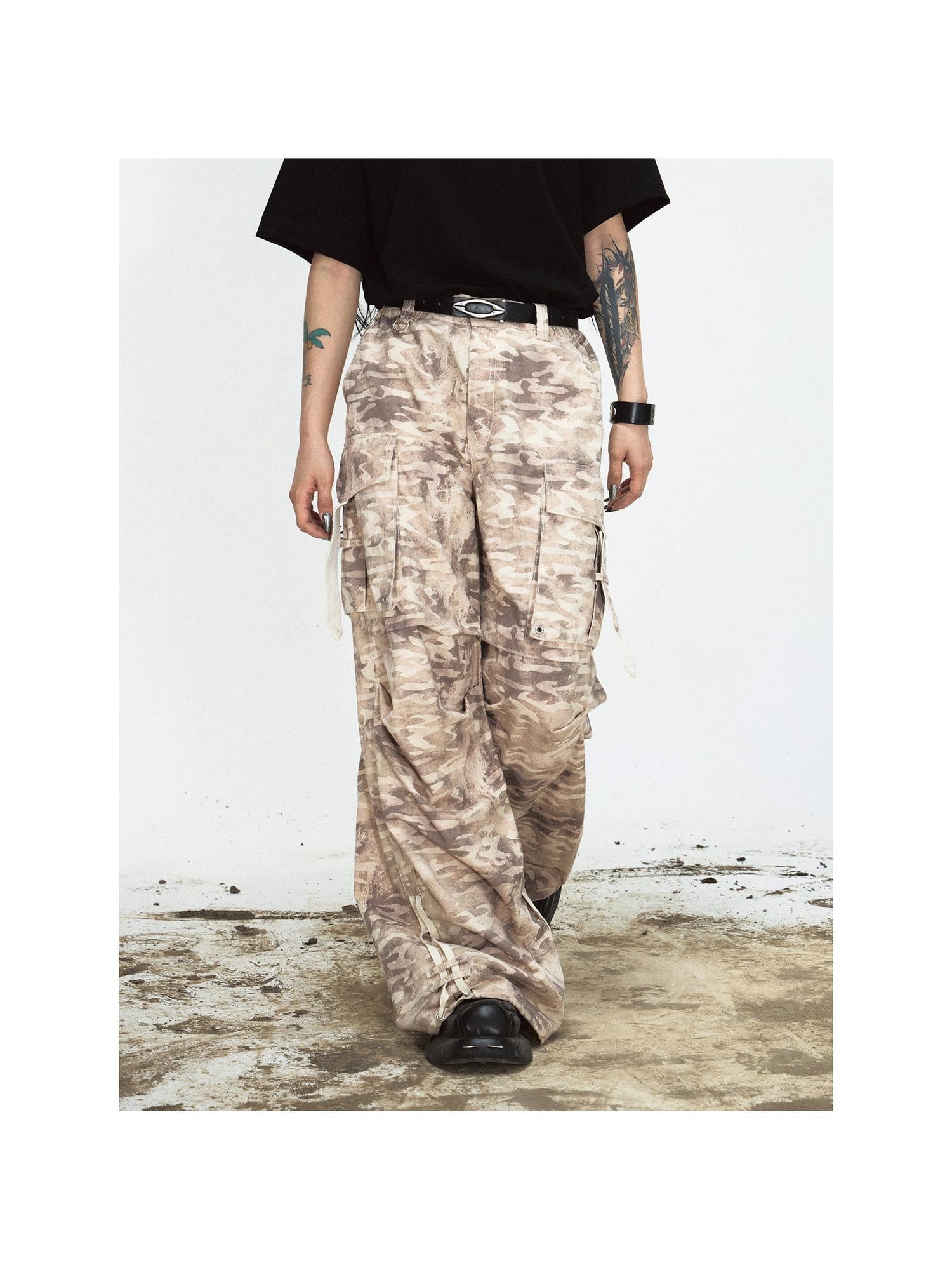 Peoplesense Camouflage Cotton Cargo Pants Loose Fit Drawstring Waist