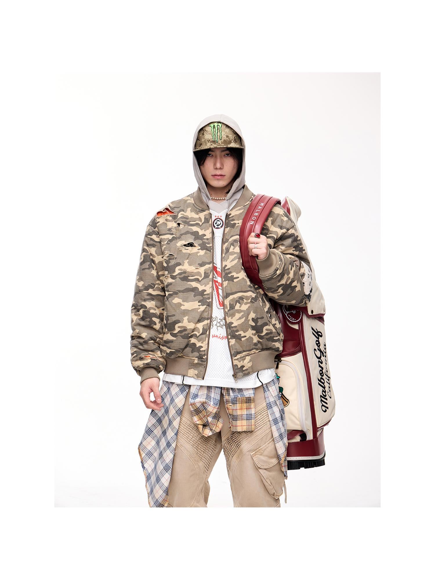 Peoplesense Punk Camo Distressed Thickened Unisex Vintage Bomber Jacket