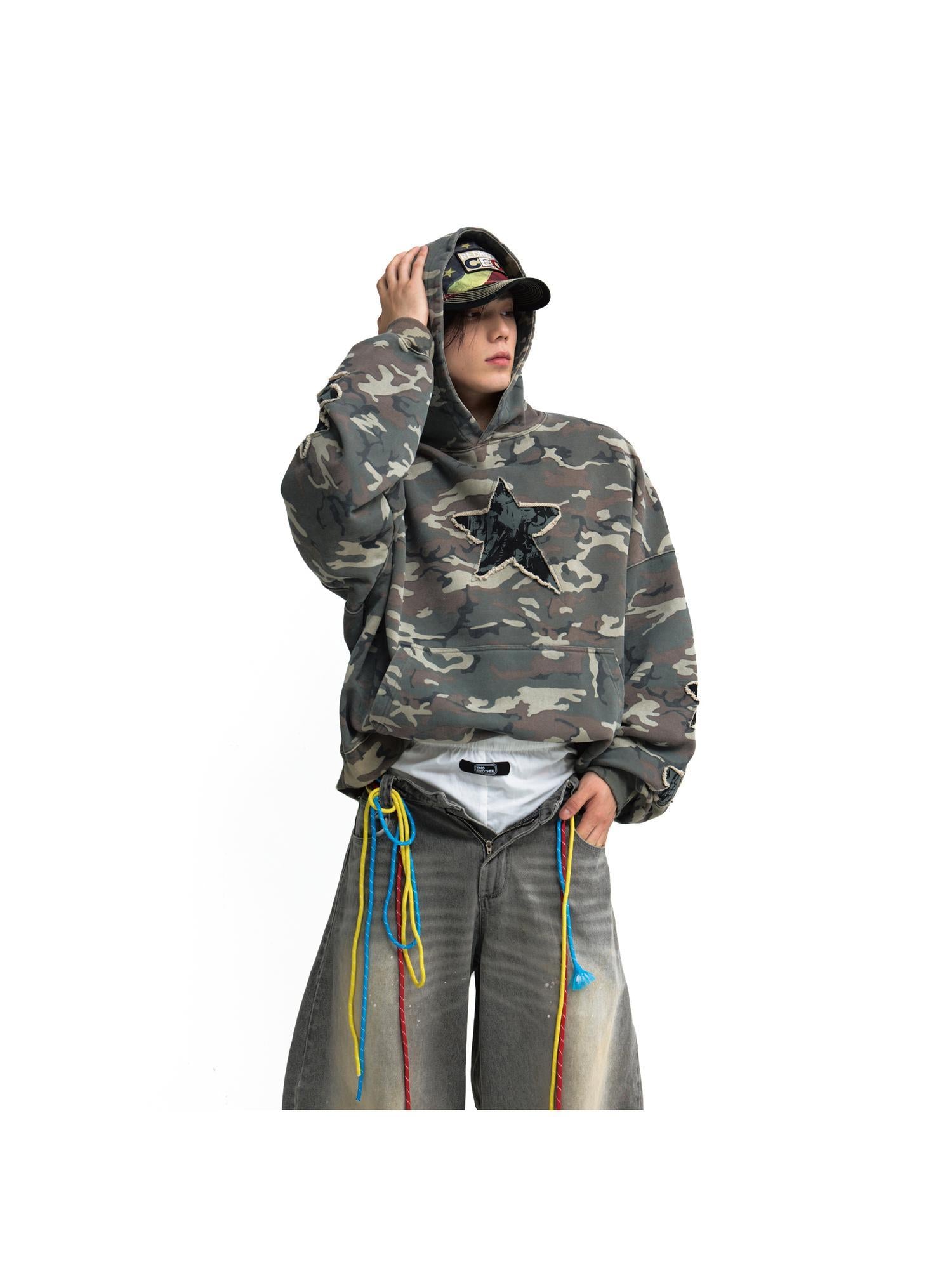 Peoplesense Retro Embroidered Camo Hoodie Unisex Washed Loose Pullover