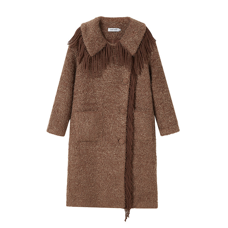DIDDI MODA Fringed Collar Wool Blend Trench Coat