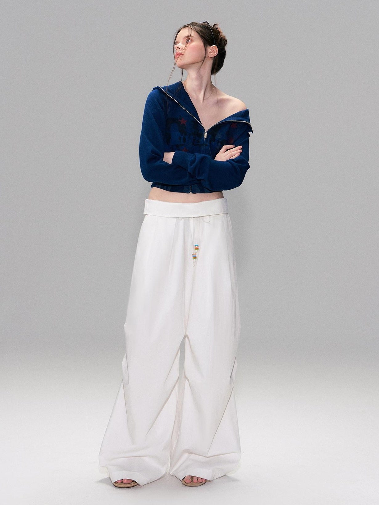The NeverMore Cotton Blend Vintage Curved Cut Natural Waist Women White Wide Leg Pants
