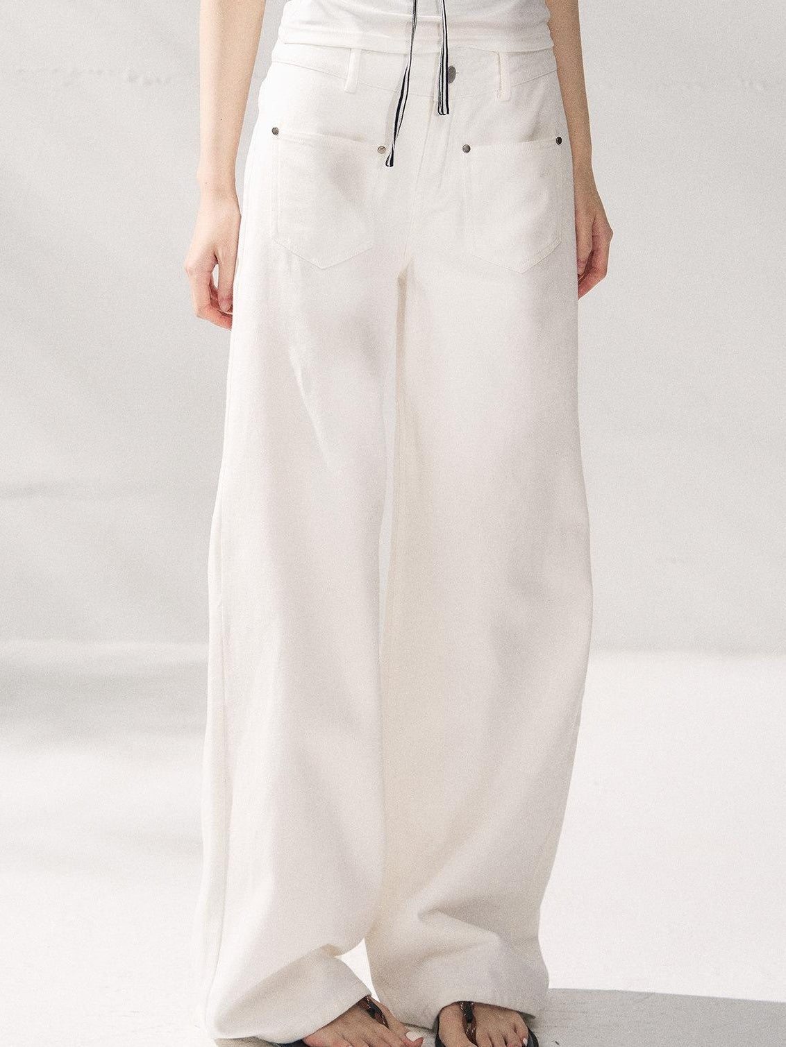 7Shiftin Button Front Natural Waist Casual White Flowy Wide Leg Pants