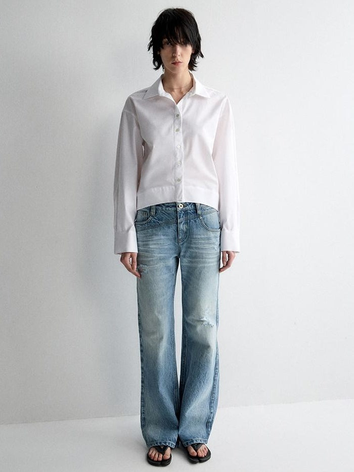 RUN TO THE FUTURE Ripped Low Rise Wide Leg Casual Loose Fit Vintage Ice Blue Denim Straight Jeans