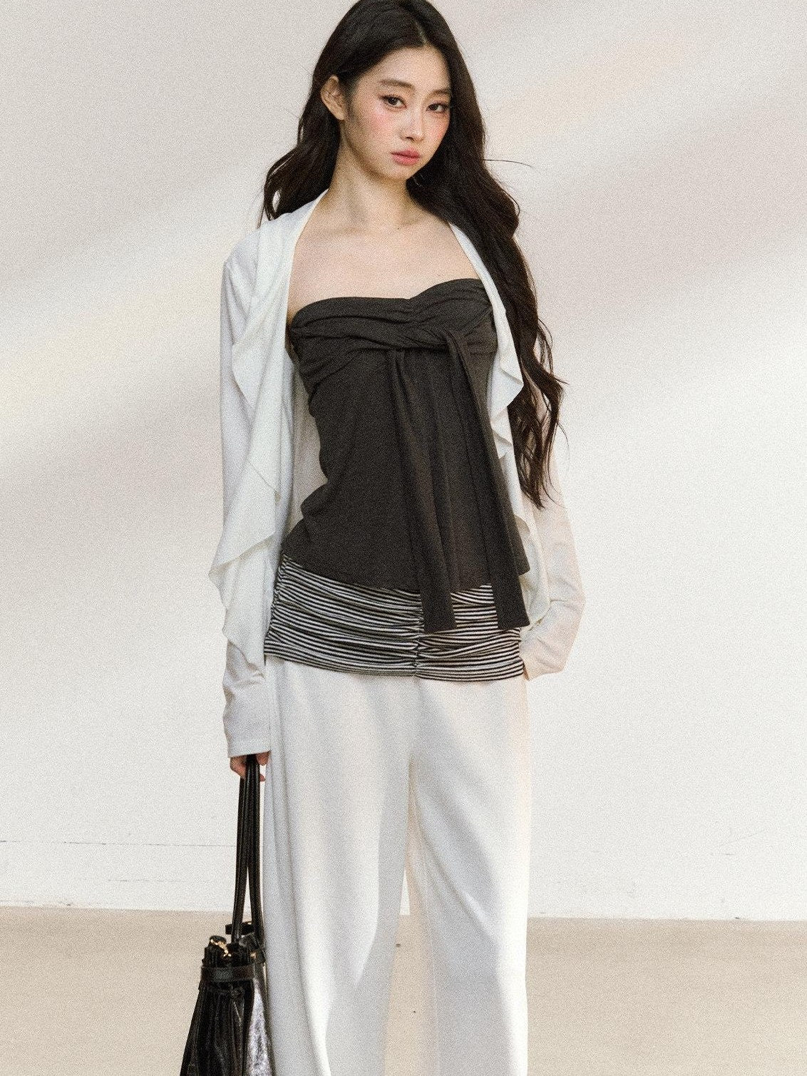 7Shiftin Two Piece V-neck Long Sleeve Casual Layered Set Women White Gray Blouses