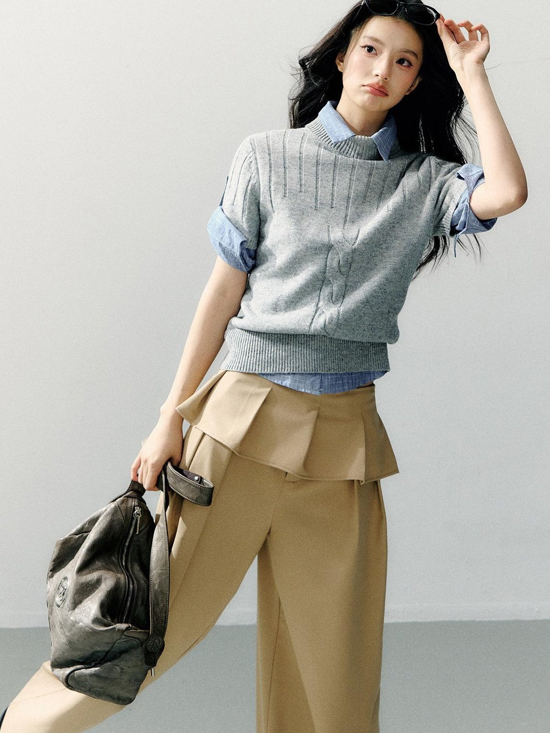 7Shiftin Detachable Lace Trim Natural Waist Casual Khaki Women Wide Leg Pants