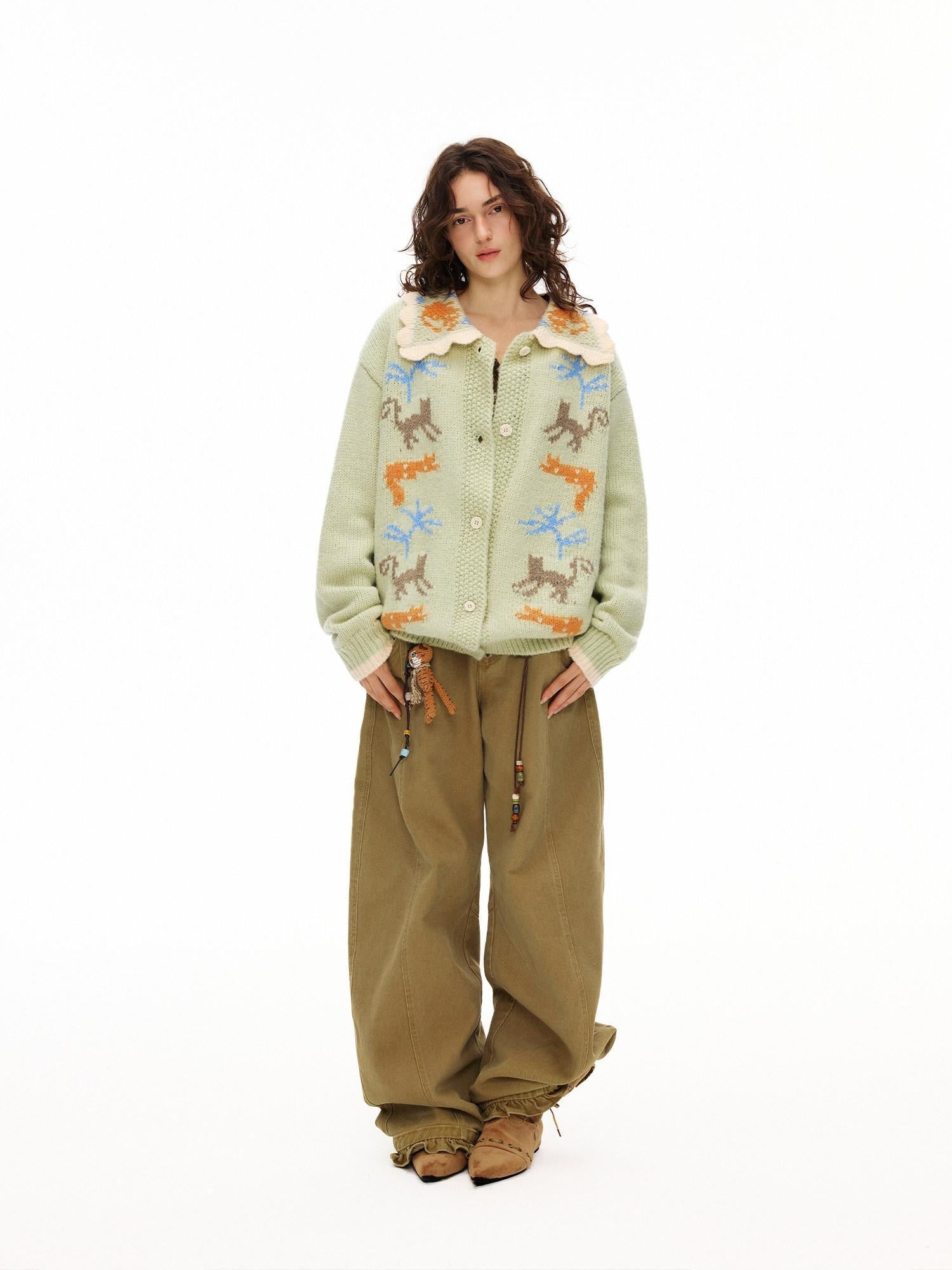 OuttheBlue Warm Acrylic Wool Commuter Loose Jacquard Mint Green Cardigans
