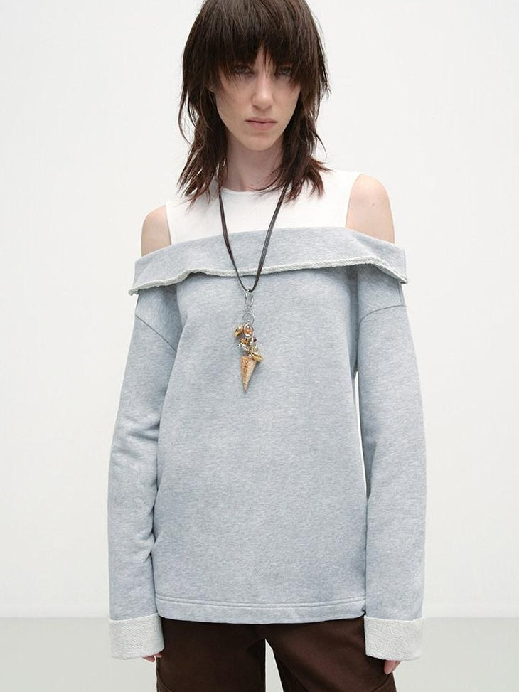 RUN TO THE FUTURE Gray White Patchwork Layered Loose Crewneck Commuter Women Pullover Sweatshirts