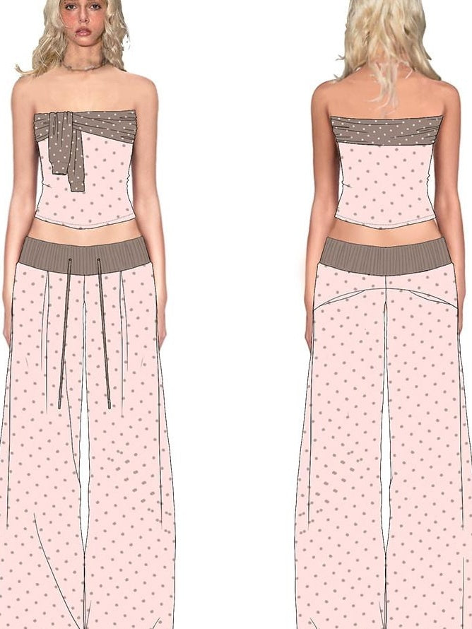 The NeverMore Polka Dot Cotton Two Piece Colorblock Sexy High Waist Pants Tube Tops