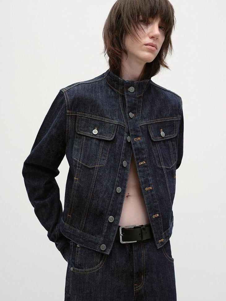 RUN TO THE FUTURE Warm Cotton Casual Straight Multi Pocket Short Stand Collar Women Denim Jackets