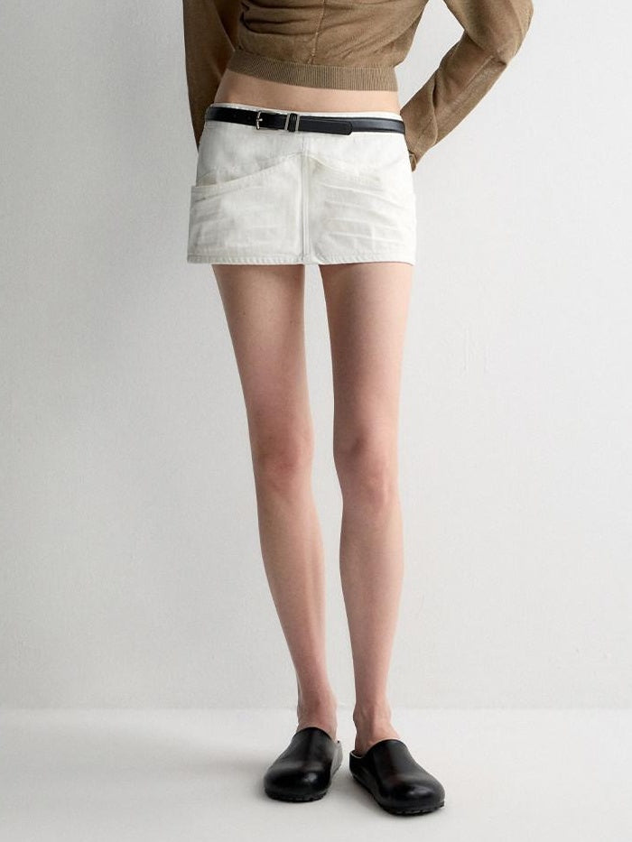 RUN TO THE FUTURE Washed Cotton Denim Pocket Minimalist A Line Low Waist Mini Skirts