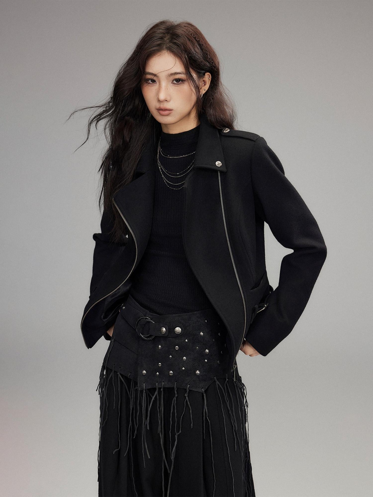 Low pixel Wool Blend Thick Slim Fit Street Euro Zip Front Black Cropped Jackets