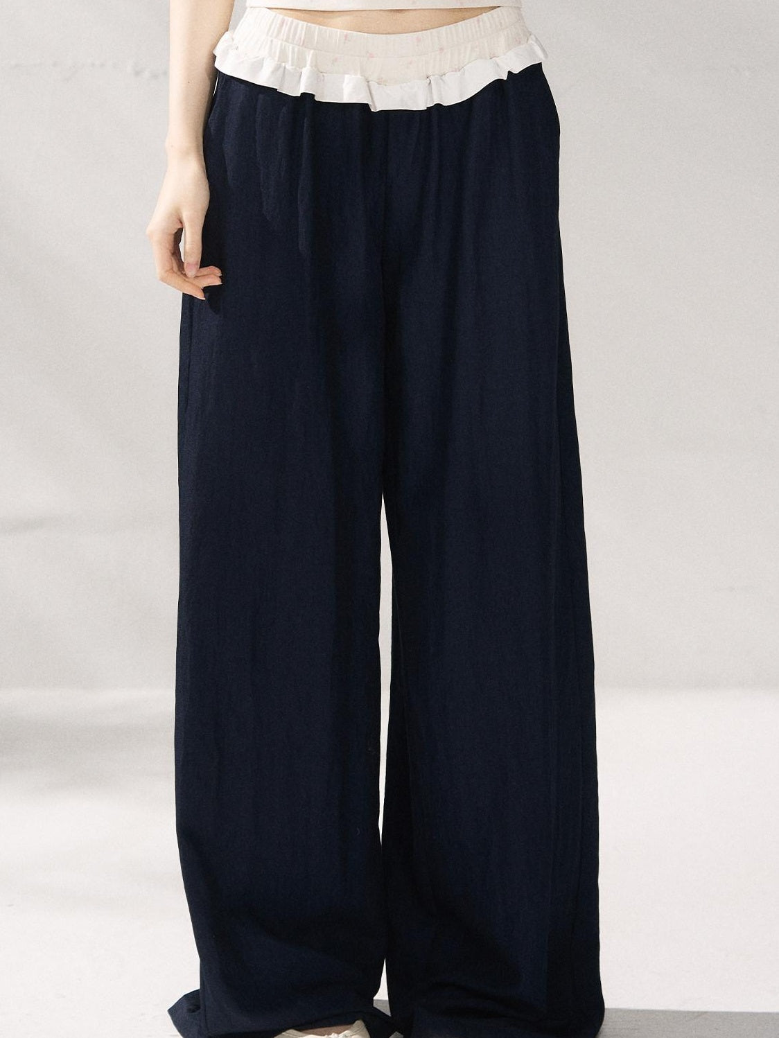 7Shiftin Nylon Cotton Blend Relaxed Natural Waist Women Solid Navy Wide Leg Pants