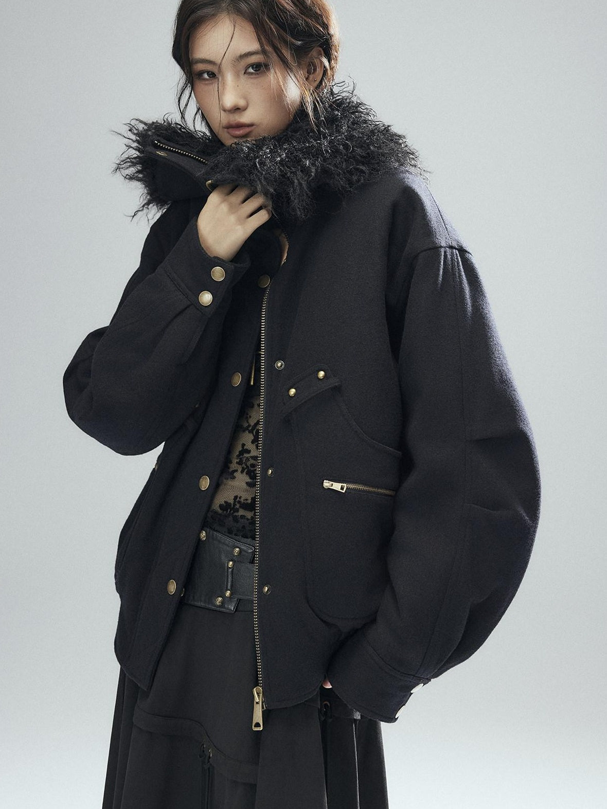 Low pixel Thick Wool Blend Multi Pocket Loose Fit Sexy Girl Black Zipper Cropped Jackets