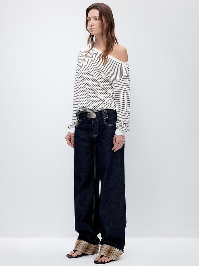 RUN TO THE FUTURE Washed Low Waist Wide Leg Loose Fit Casual Denim Indigo Straight Jeans