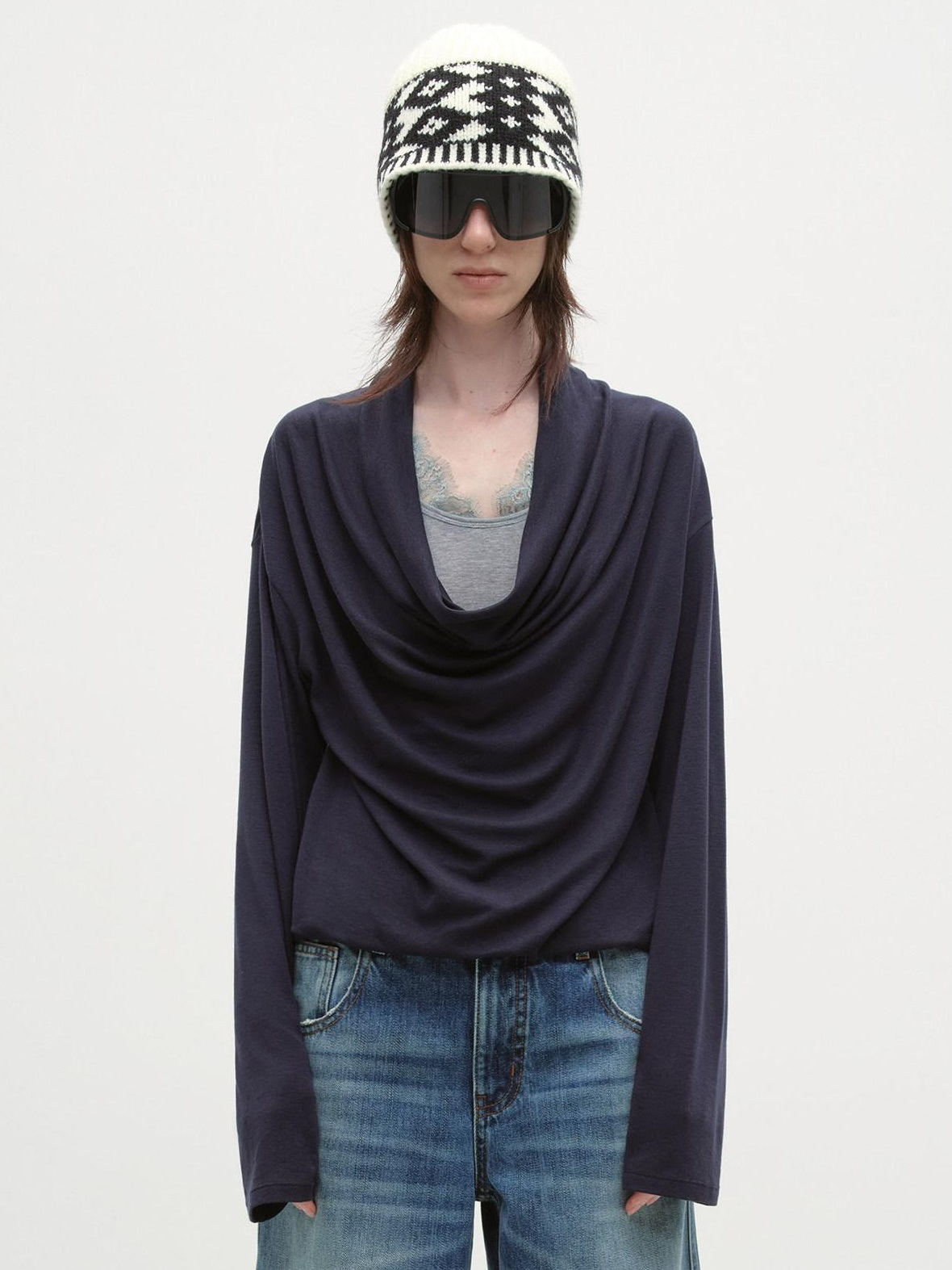 RUN TO THE FUTURE Lyocell Wool Blend Oversized Patchwork Pullover Long Sleeve T-Shirts