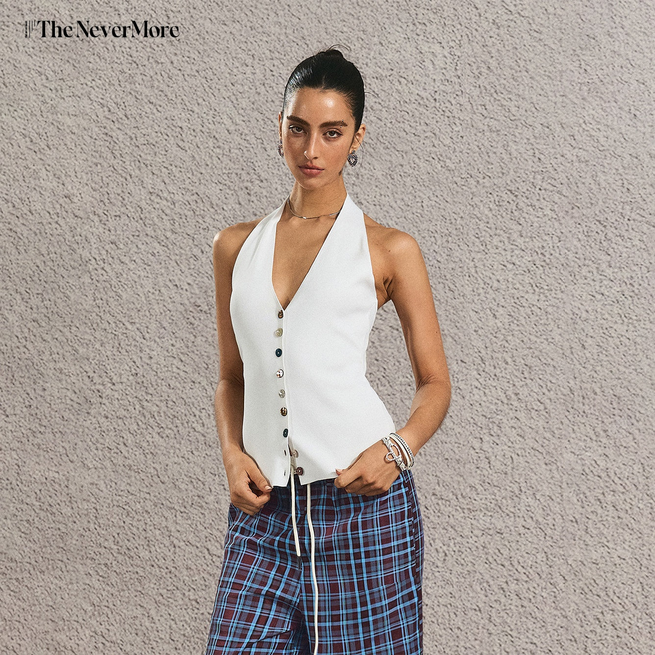 The NeverMore Silky Rayon Backless Halter V-neck Slim Cropped Sexy Women Tank Tops & Camis