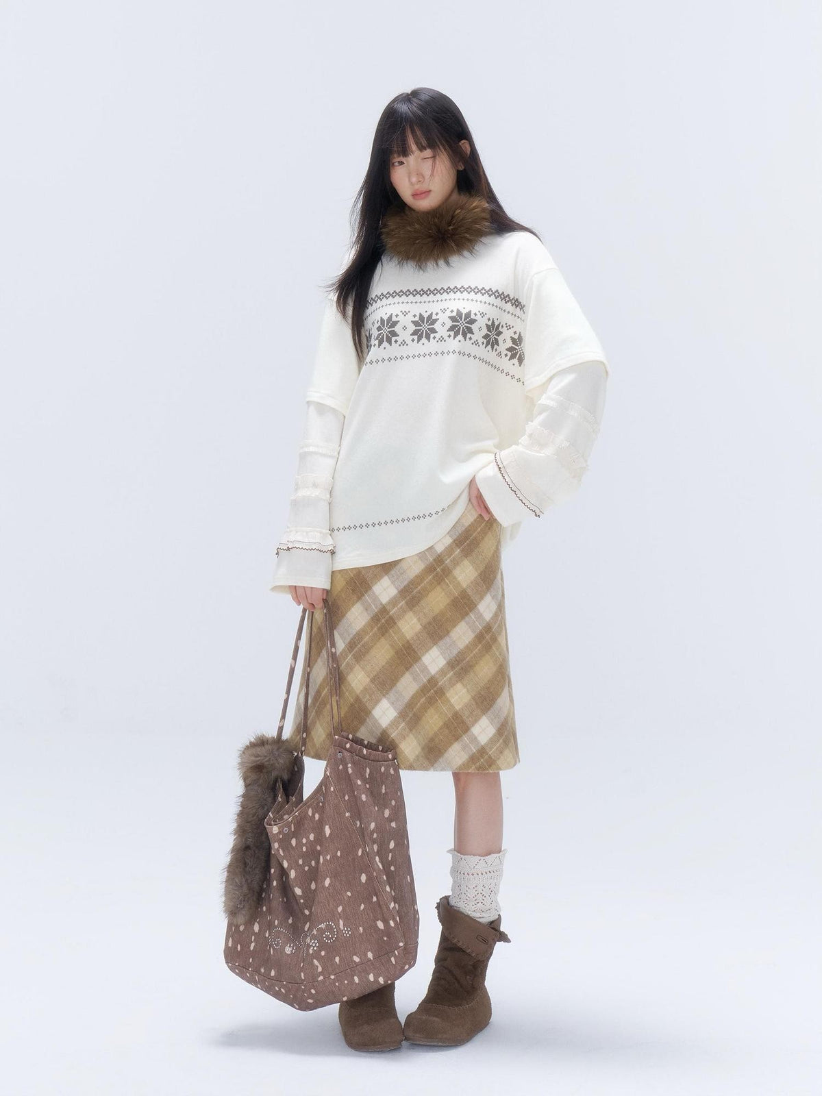 chaoschaos Deer Print Rhinestone Twill Detachable Fuzzy Square Women&
