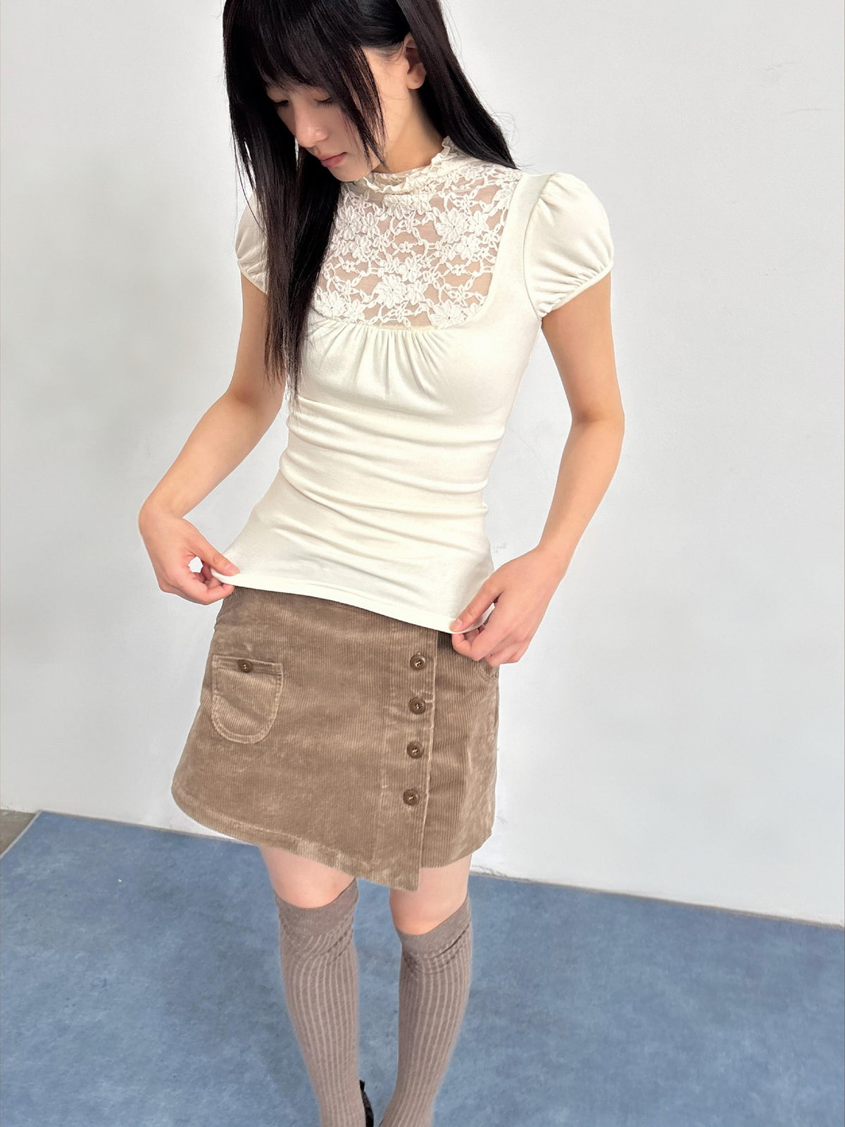 chaoschaos Lace Spliced High Neck Ruched Hollow Out Women&