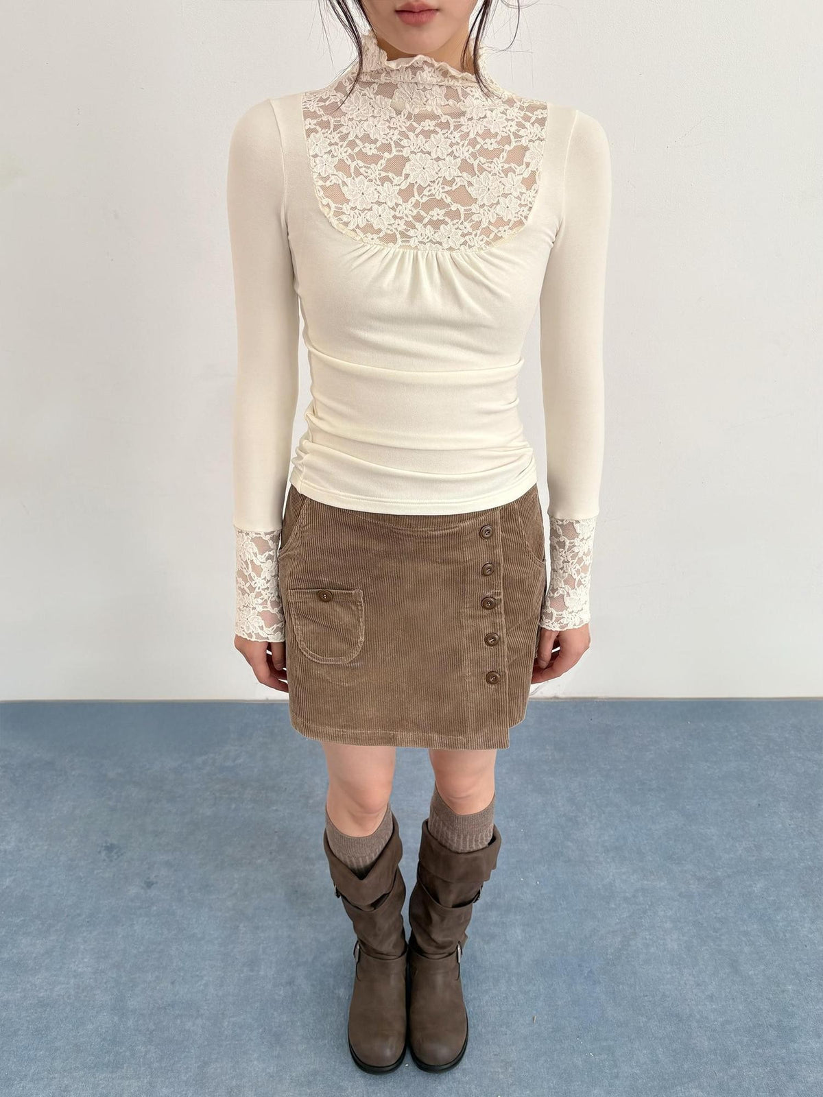 chaoschaos Lace Spliced High Neck Ruched Hollow Out Women&