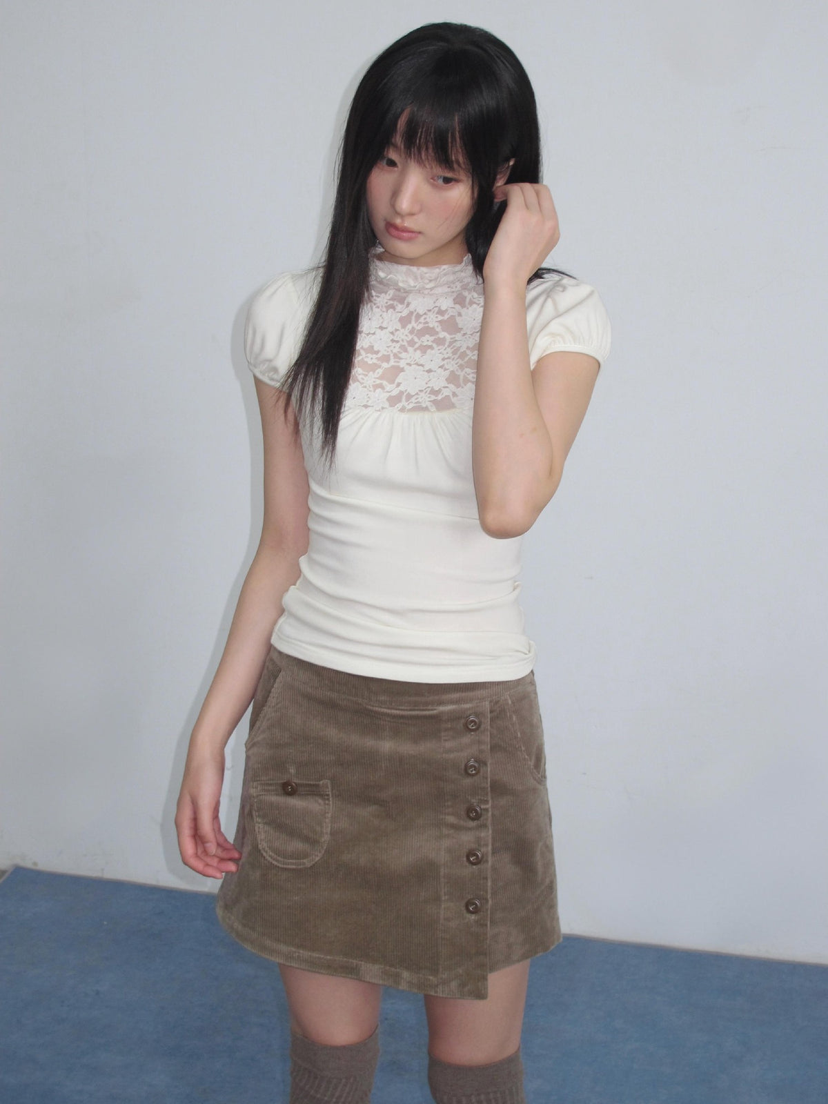 chaoschaos Lace Spliced High Neck Ruched Hollow Out Women&