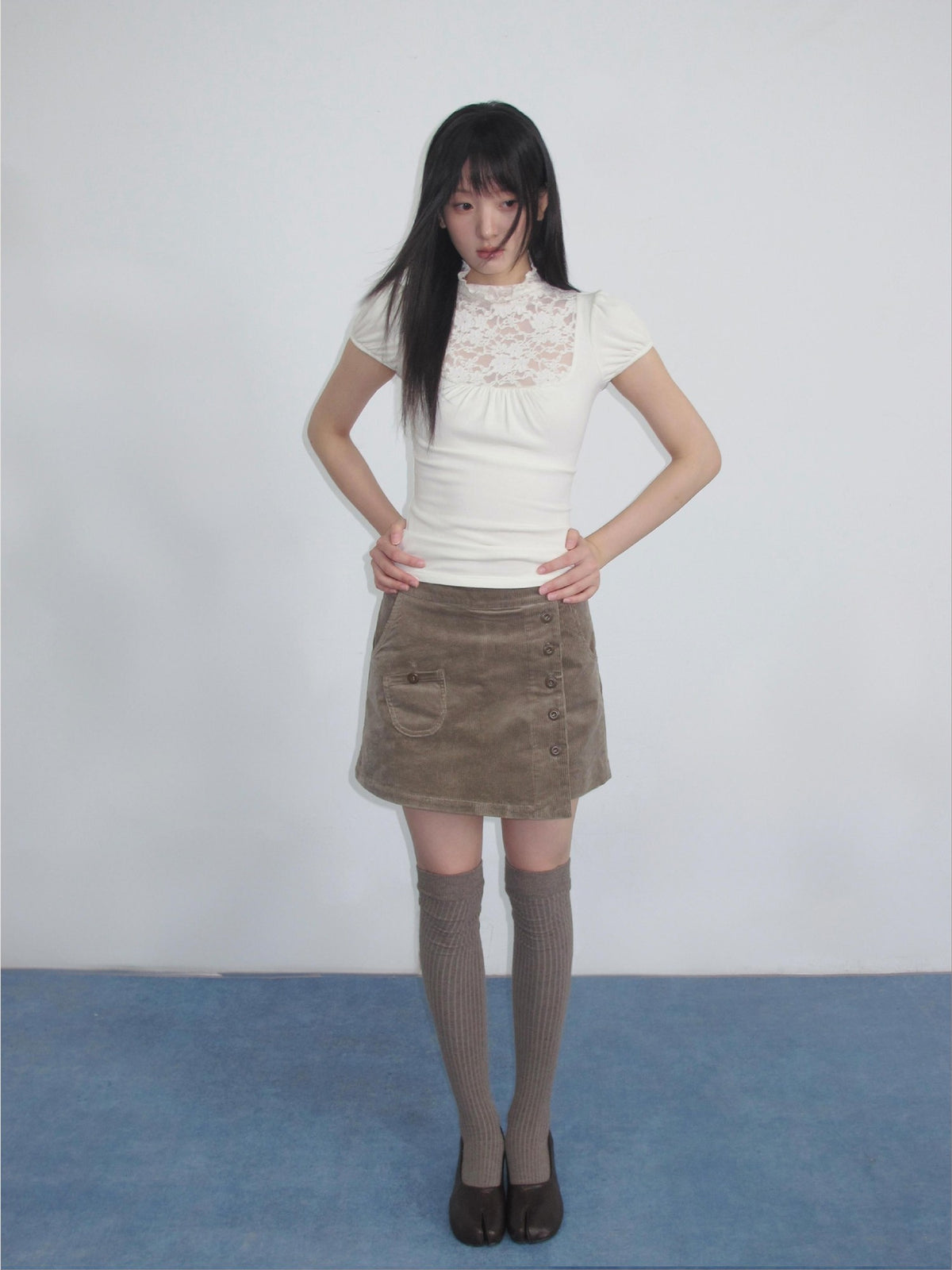 chaoschaos Lace Spliced High Neck Ruched Hollow Out Women&