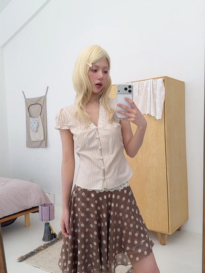 chaoschaos Lace V-neck Striped Lyocell Women&