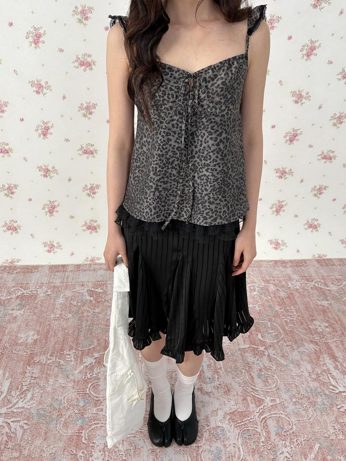chaoschaos Leopard Polka Dot Print Fly Sleeve Slim Fit Tencel Women&