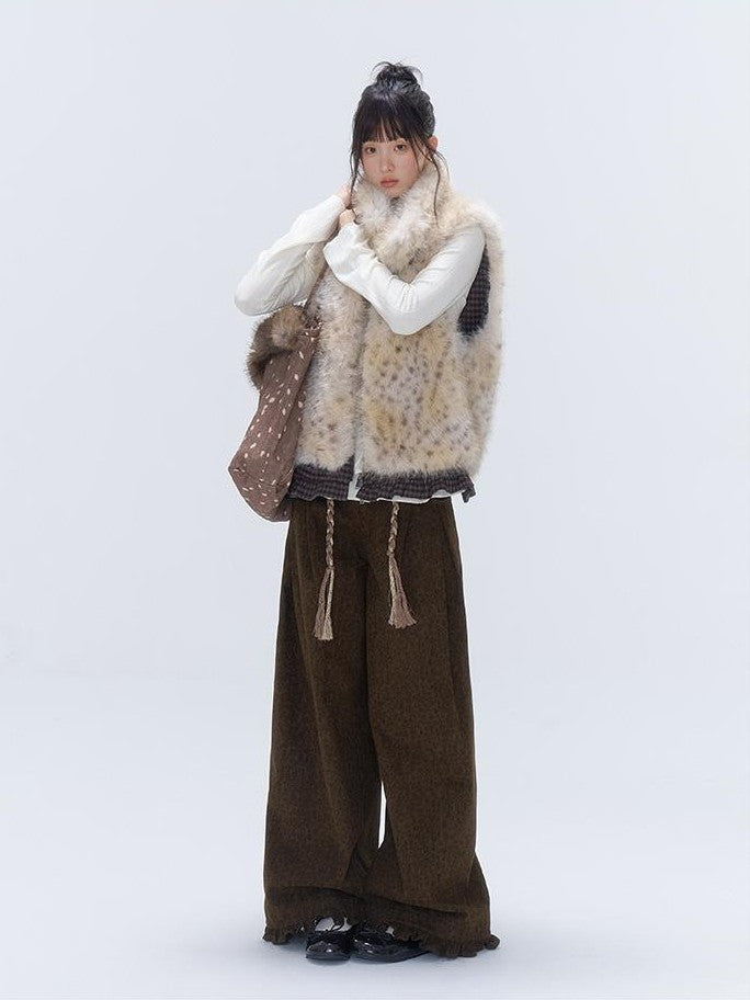 chaoschaos Leopard Print Faux Fur Lace Trim Reversible Women&