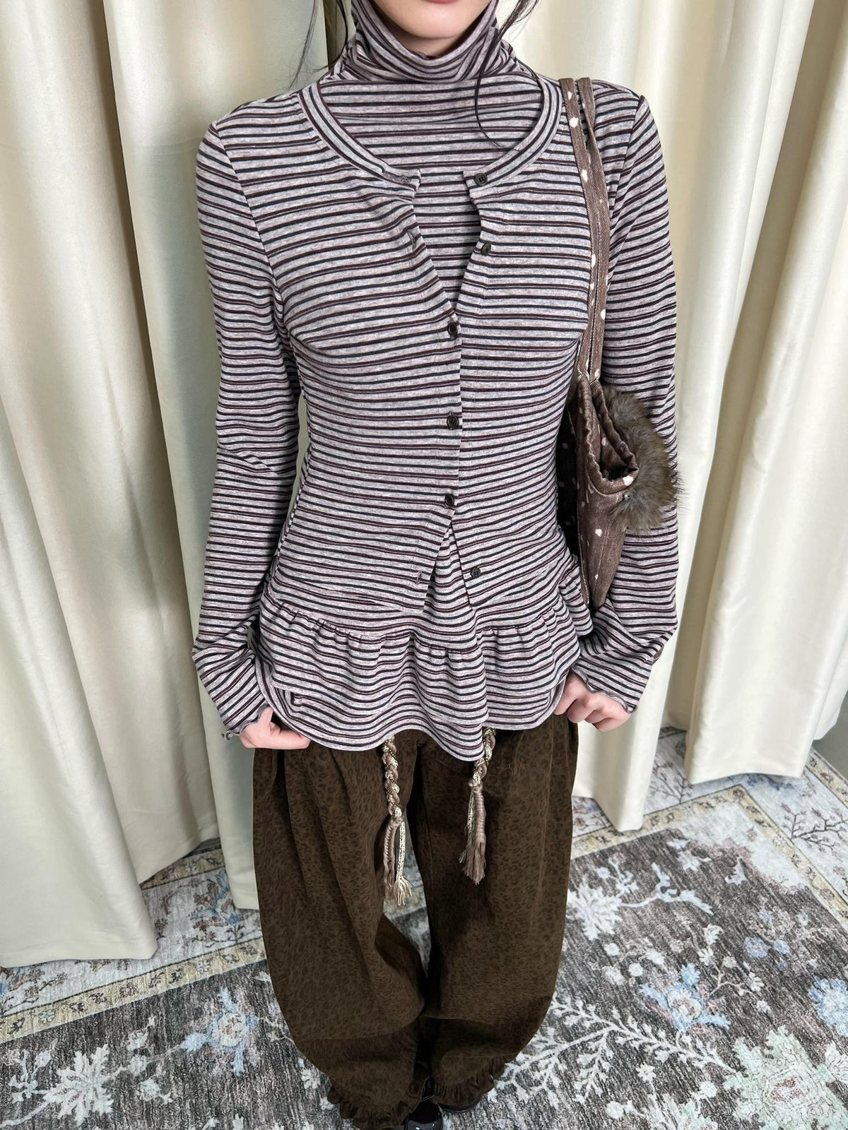 chaoschaos Striped High Neck Ruffled Patchwork Slim Fit Women&