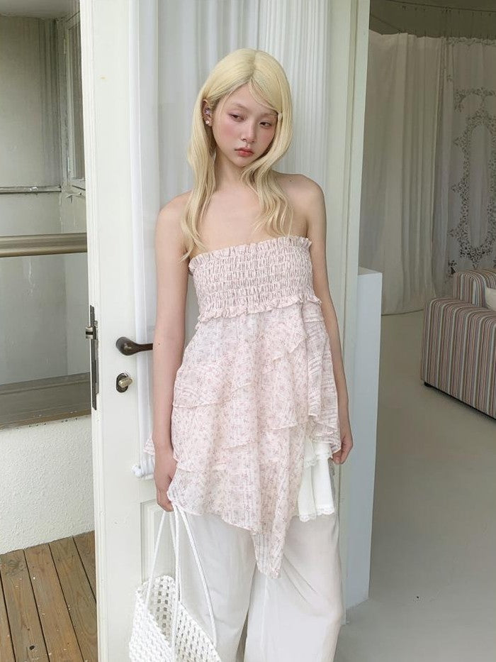 chaoschaos Sweet Floral Ruffle Sleeveless Women&
