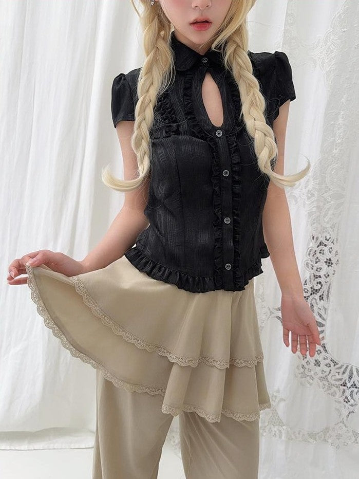 chaoschaos Sweet Ruffle Stand Collar Straight Fit Polyester Women&
