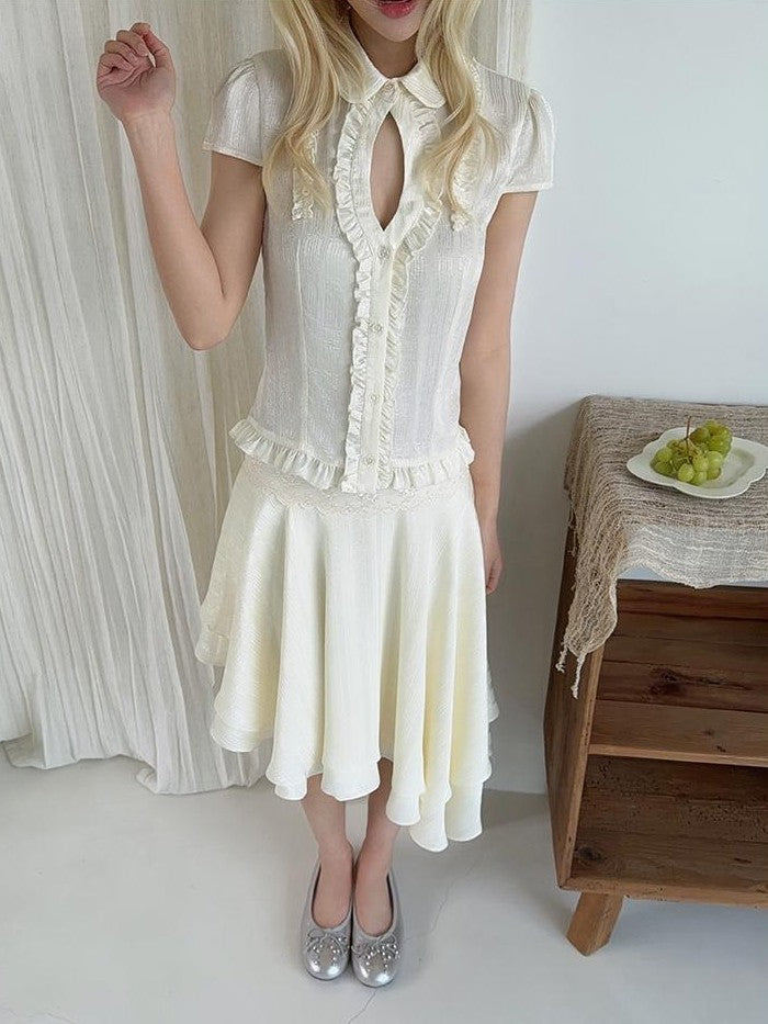 chaoschaos Sweet Ruffle Stand Collar Straight Fit Polyester Women&