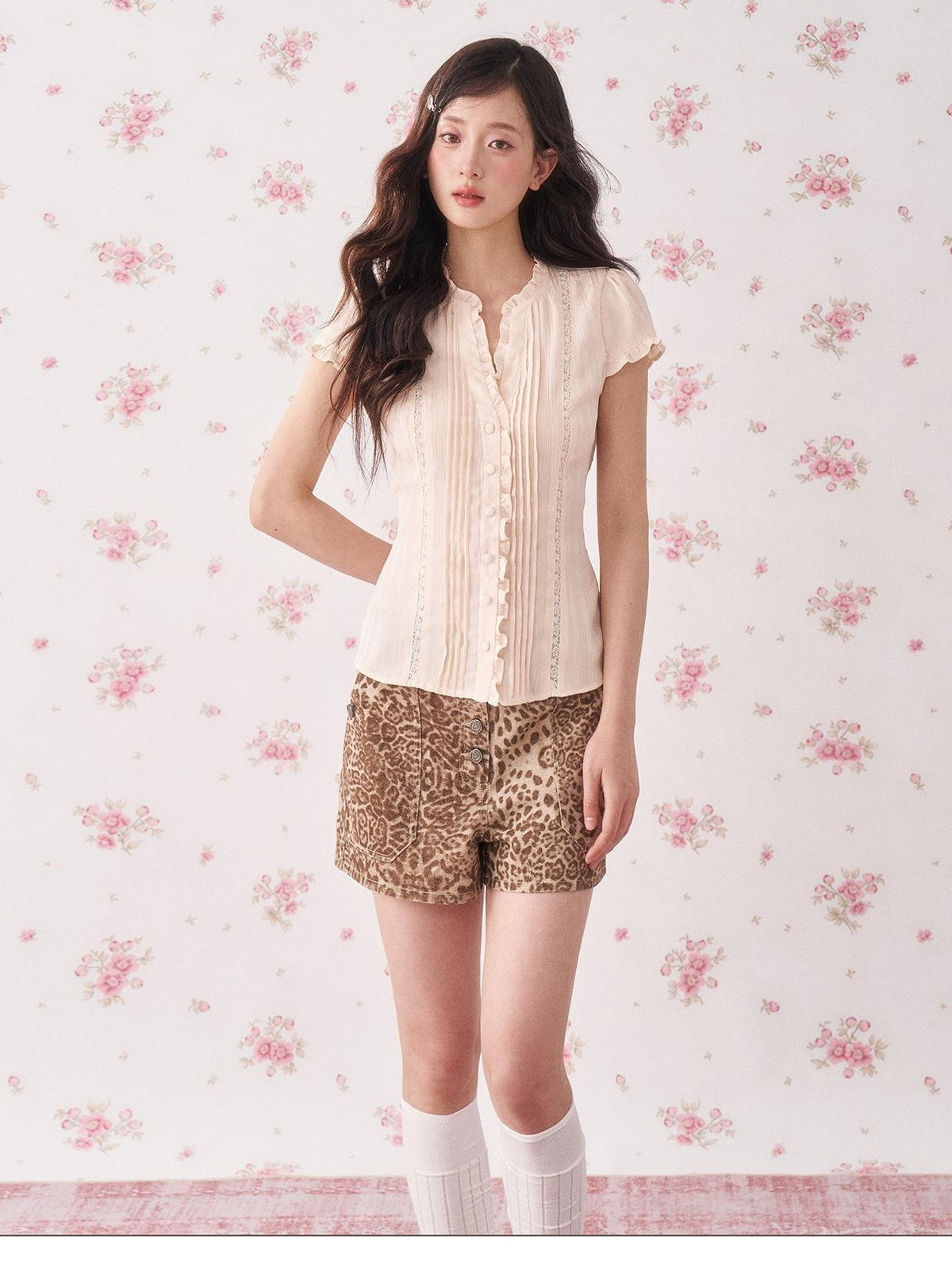 chaoschaos Vintage Ruffle Lace Floral Print Fitted Women&