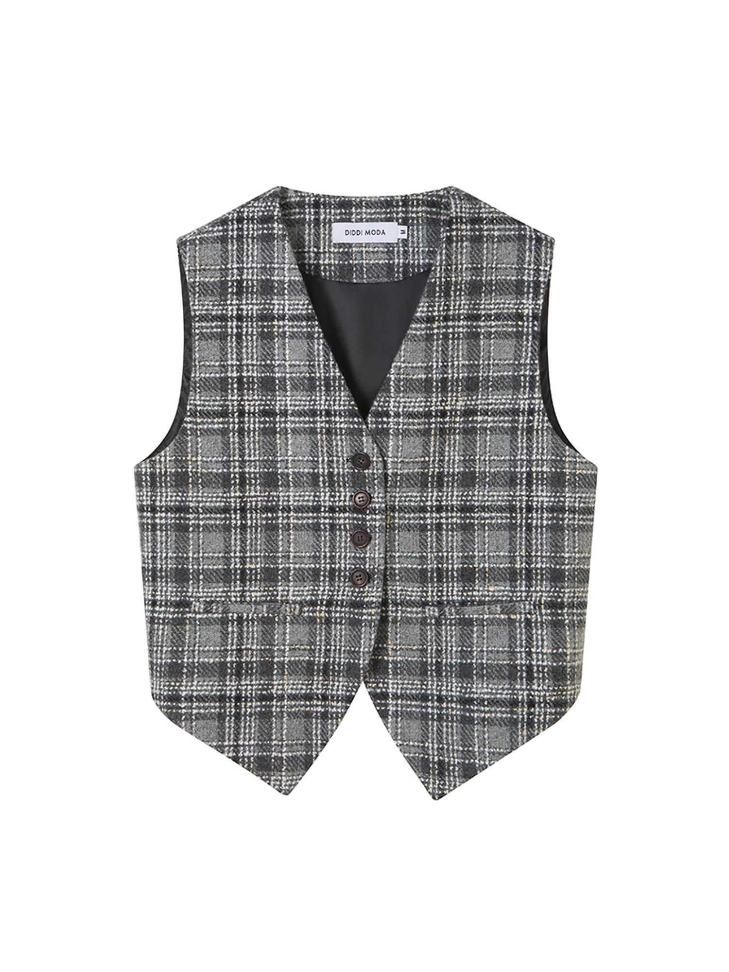 DIDDI MODA Handwoven Checkered Vest Asymmetrical Pleated Skirt Set