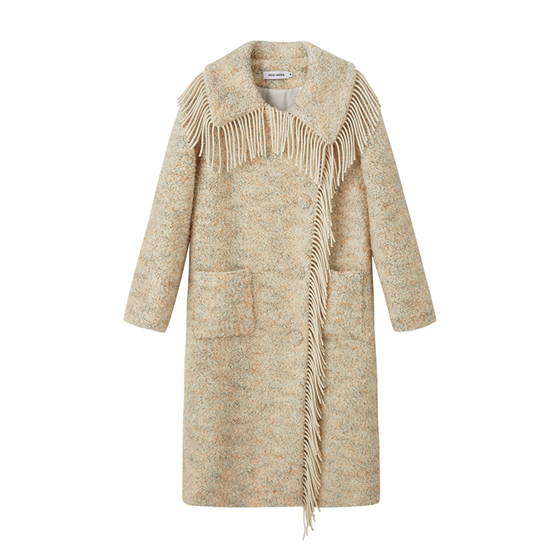 DIDDI MODA Fringed Collar Wool Blend Trench Coat