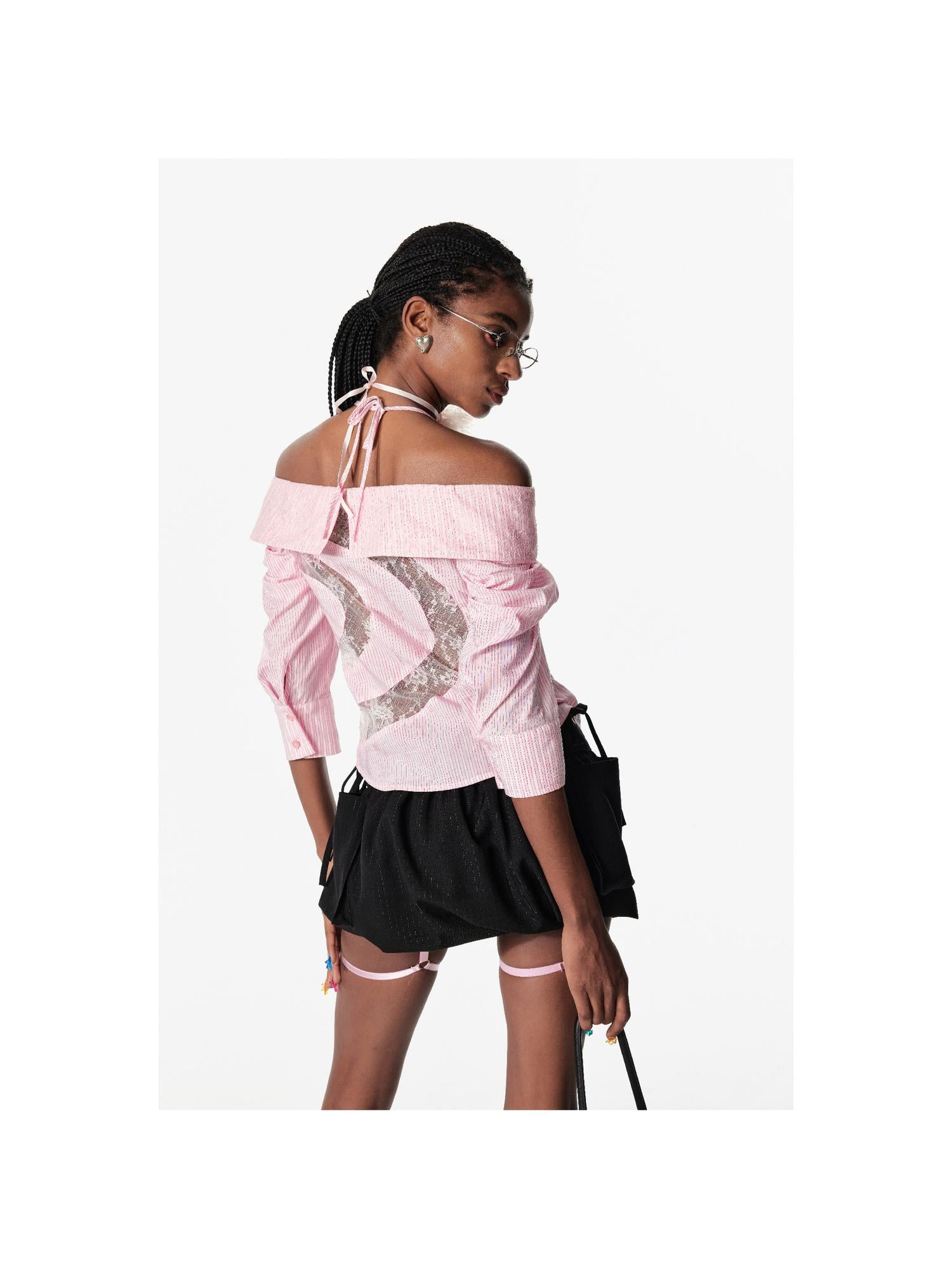 2th Desire Lace Trim Off-Shoulder C-Cut Back Fitted Blouse Shirt