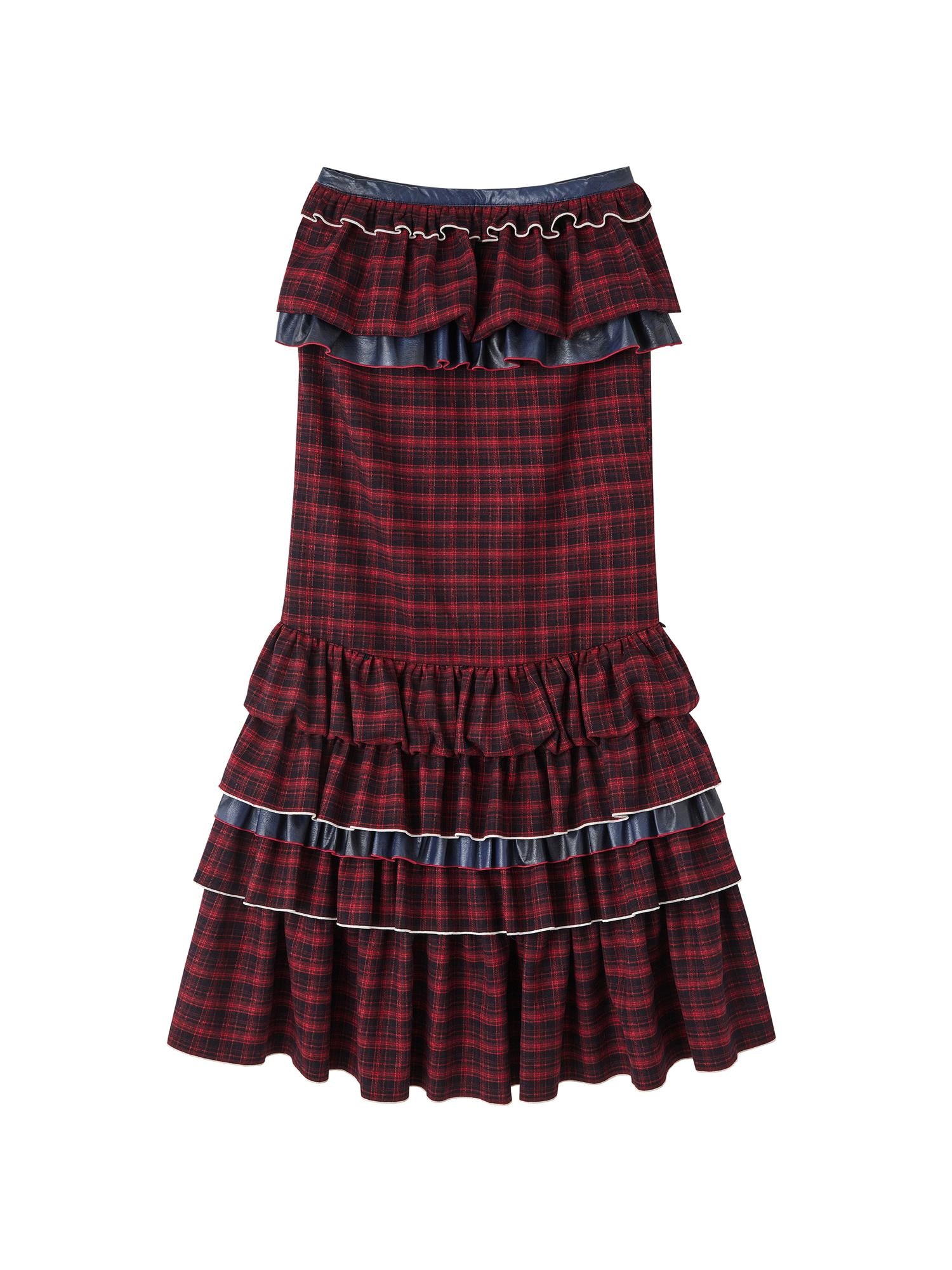 OfAkiva Red Blue Plaid Reversible Mermaid Tiered Skirt Christmas