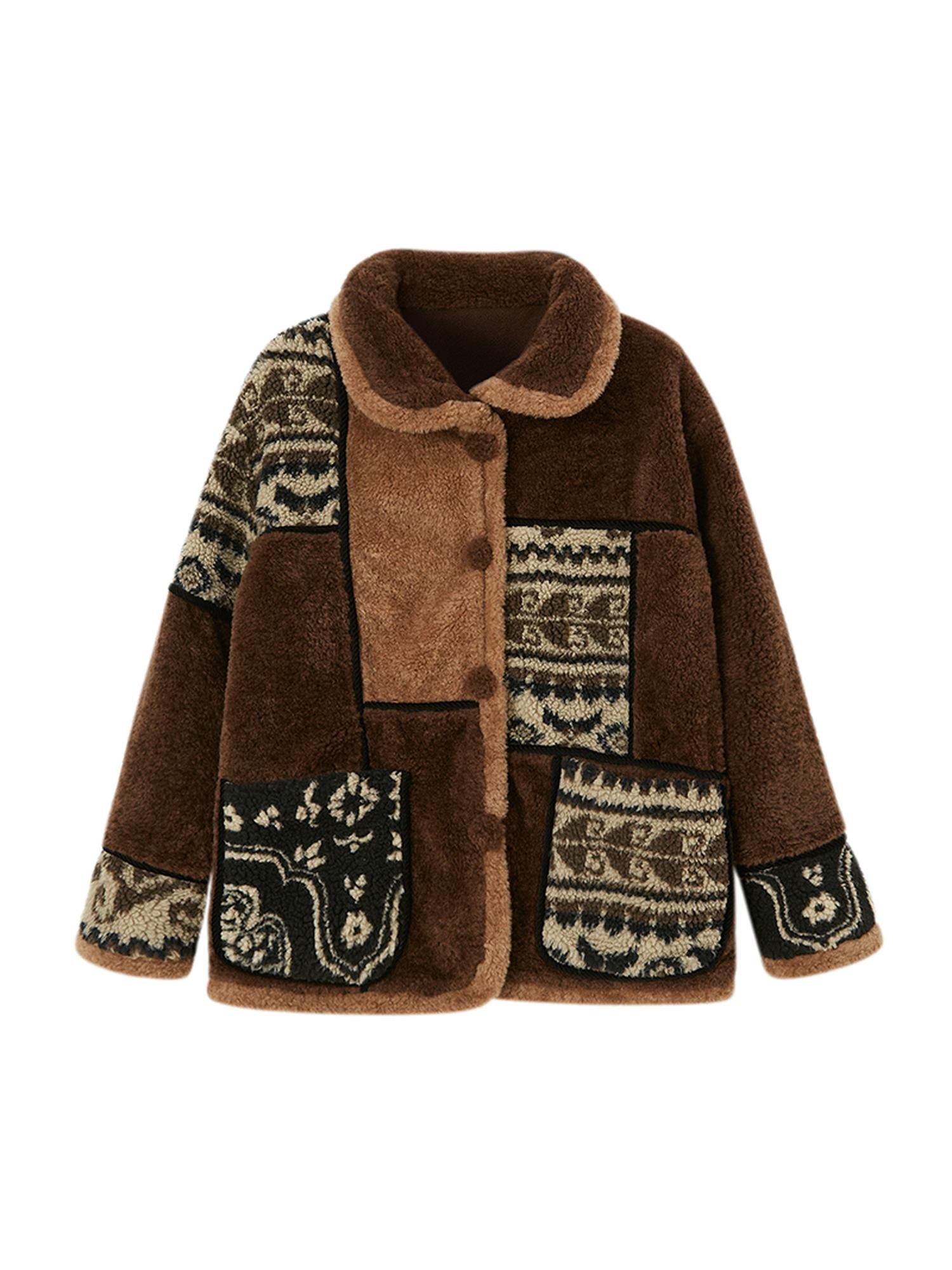 DIDDI MODA Paisley Sherpa Fleece Jacket Unisex Retro Cozy Windproof