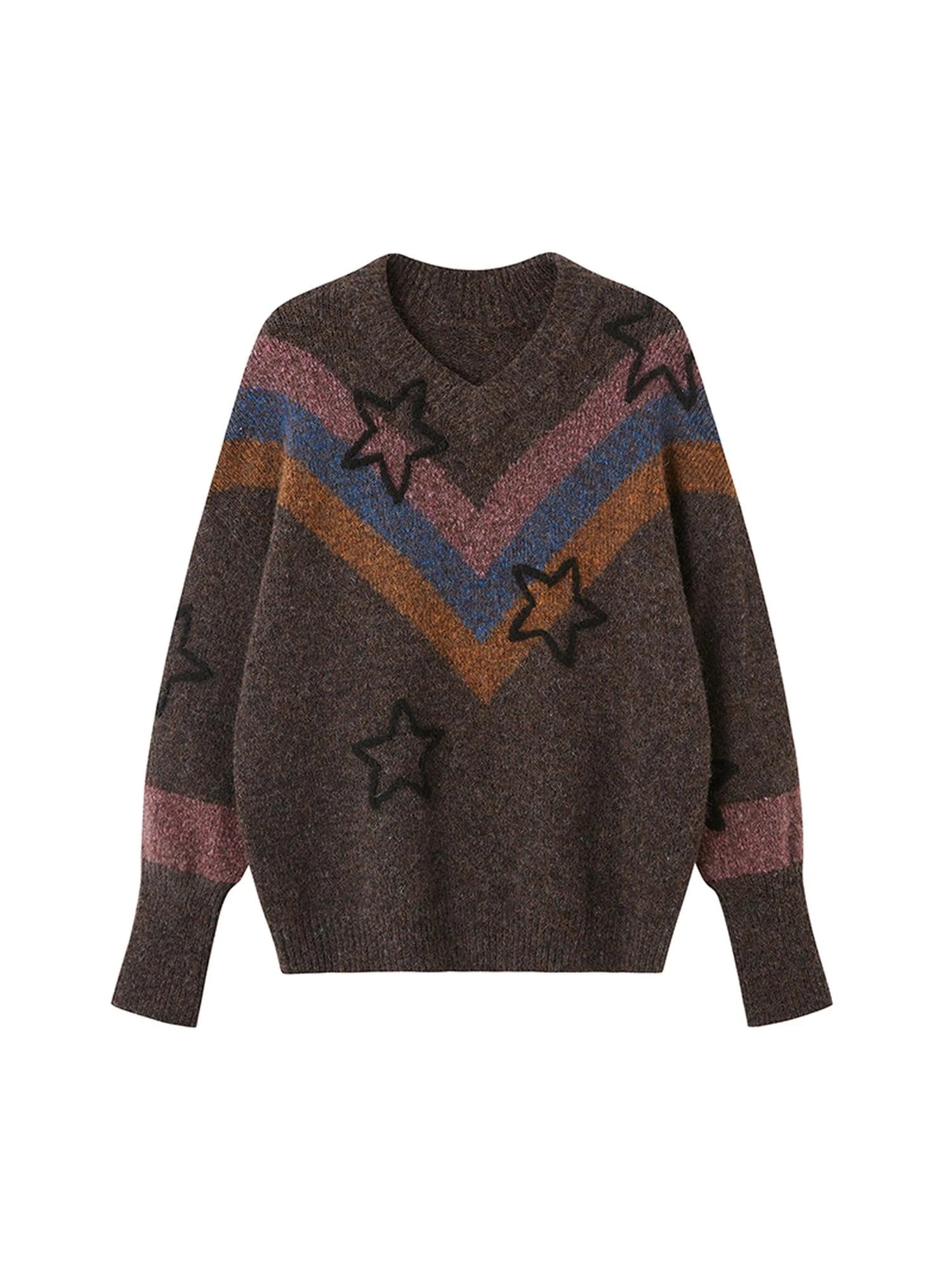 Retro Star V Neck Colorblock Knit Sweater