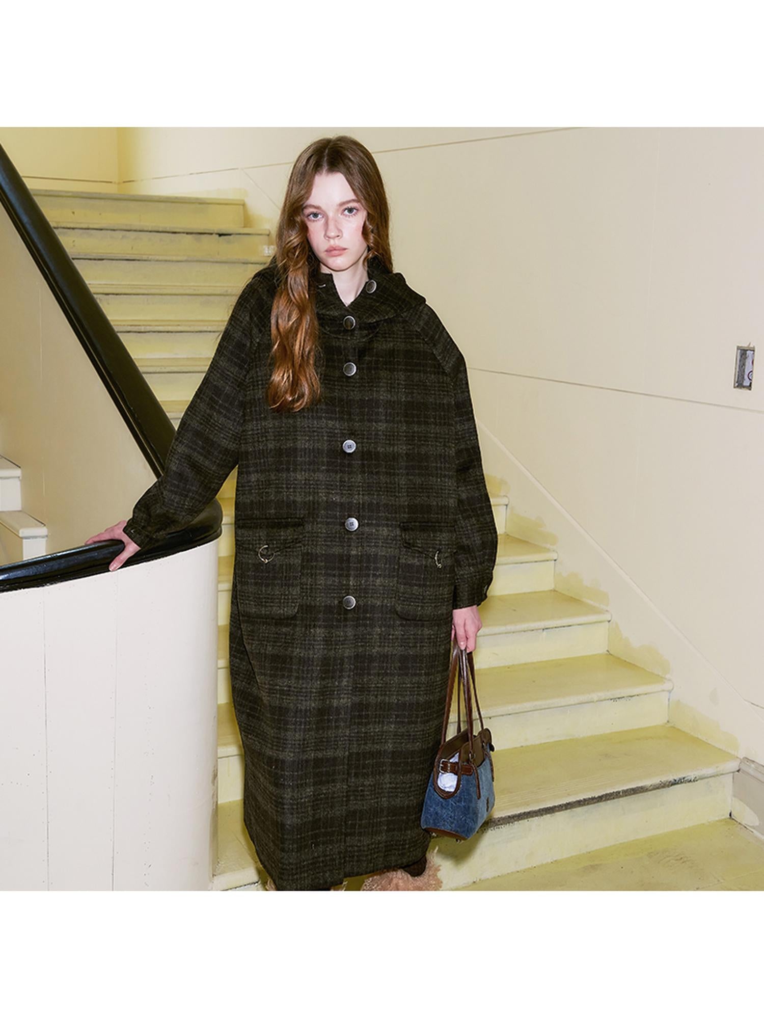 DIDDI MODA Vintage Checkered Hooded Wool Coat Long Double Faced Tweed Jacket