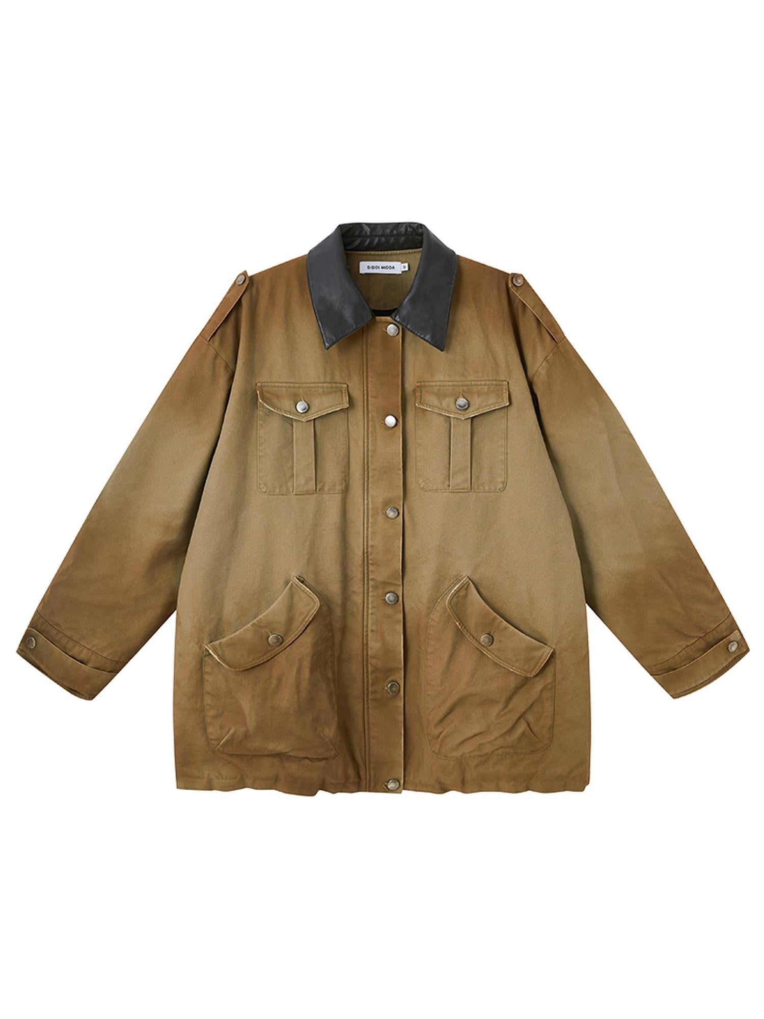DIDDI MODA Vintage Washed Cotton Quilted Jacket With Leather Collar